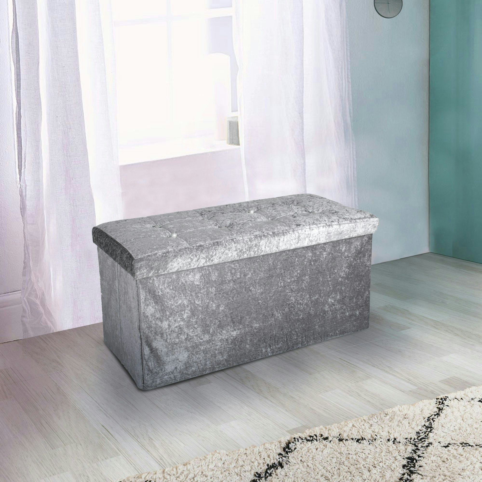 Rackhams Silver Crushed Velvet Storage Ottoman - 76Cm X 38Cm Foldable