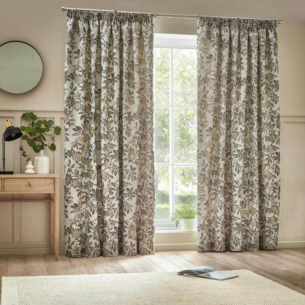 Wylder Light Jacquard Pomegranate Floral Pencil Pleat Curtains - Natural - 168Cm X 183Cm - Natural - 100% Polyester