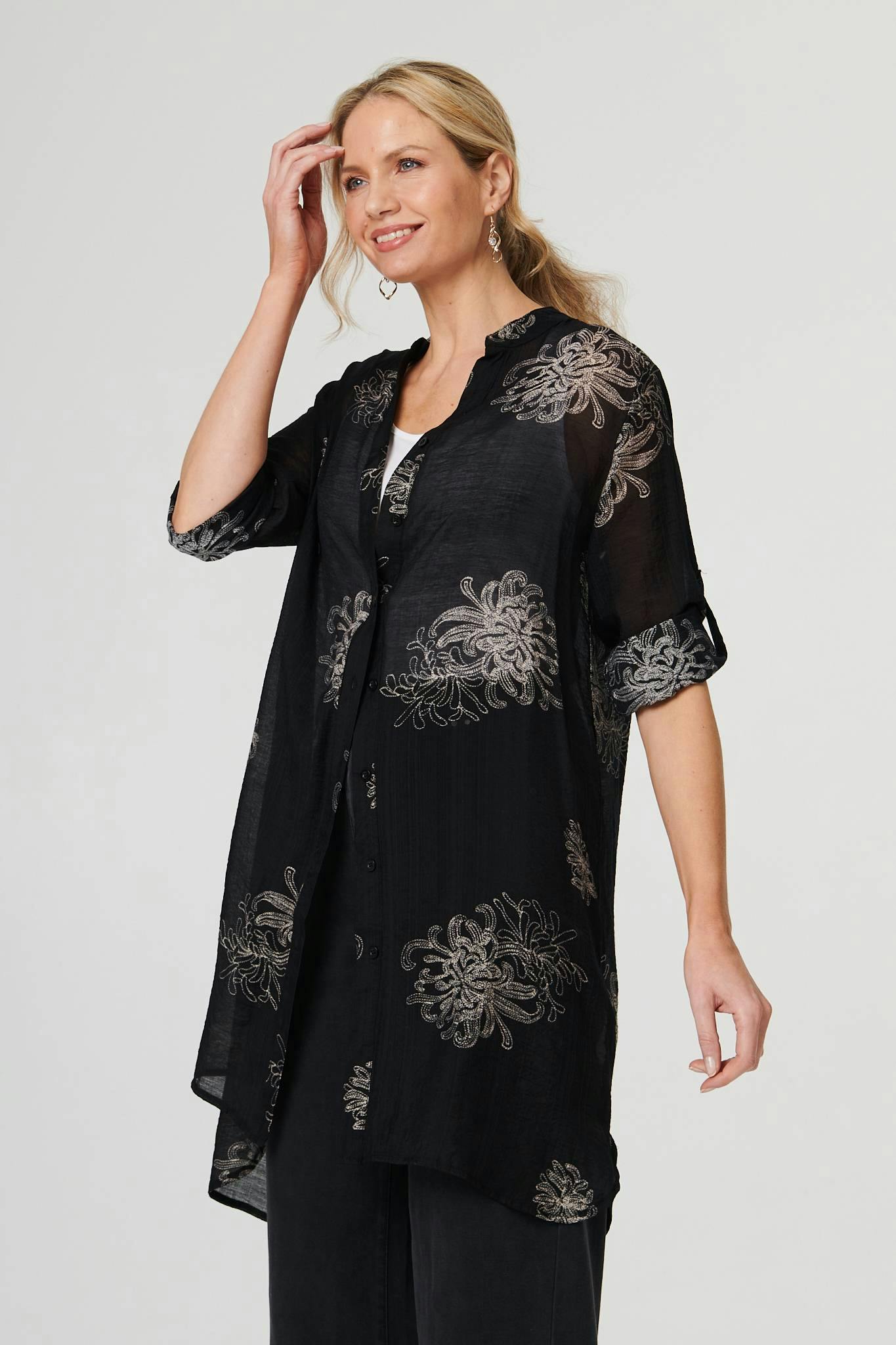 Izabel London Black Floral Semi Sheer Longline Tunic Shirt - 12