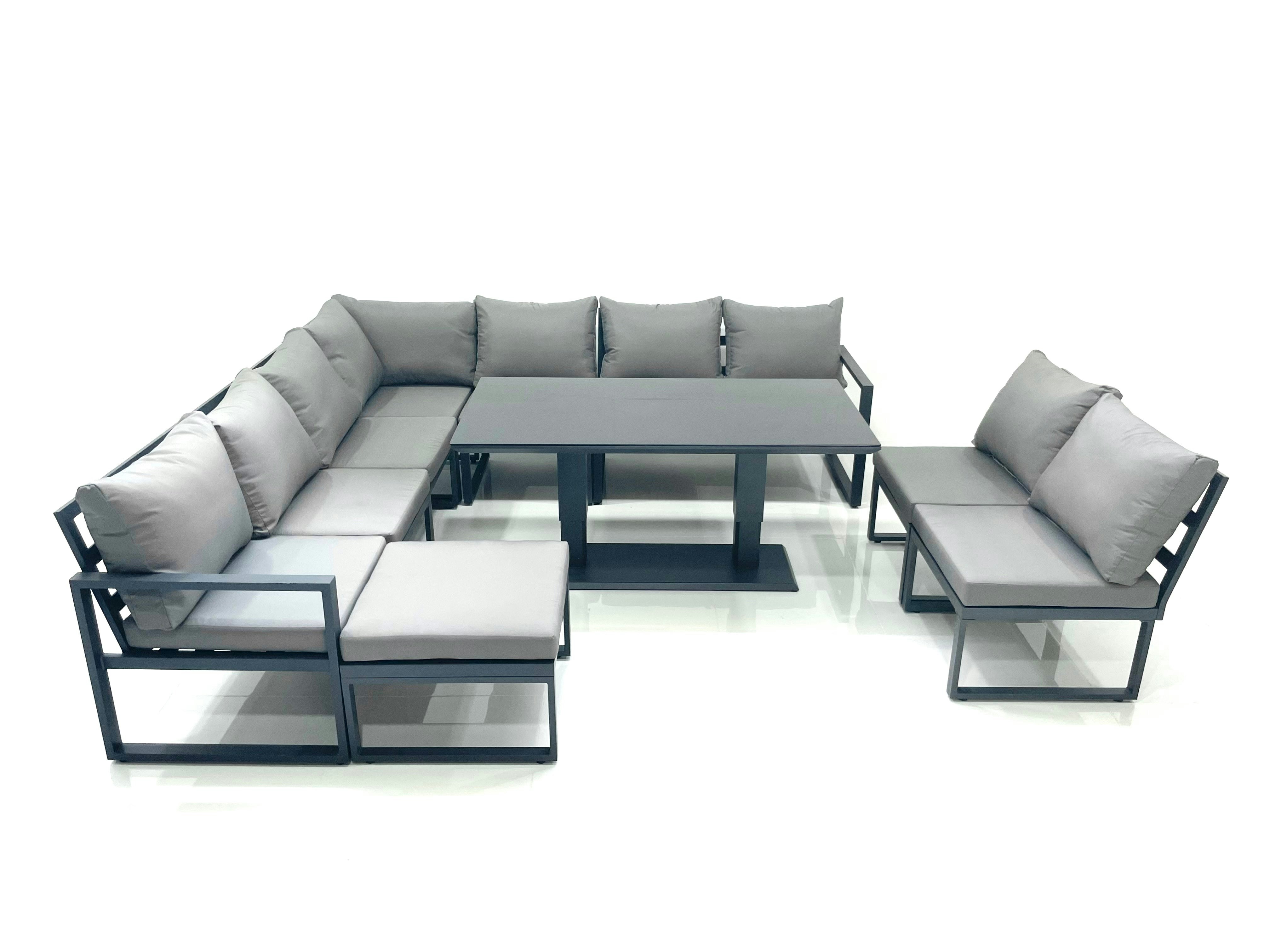 Fimous Dark/Grey 10 Seater Outdoor Aluminum Garden Furniture Set Corner Sofa Big Footstool Rising Lifting Dining Table Sets