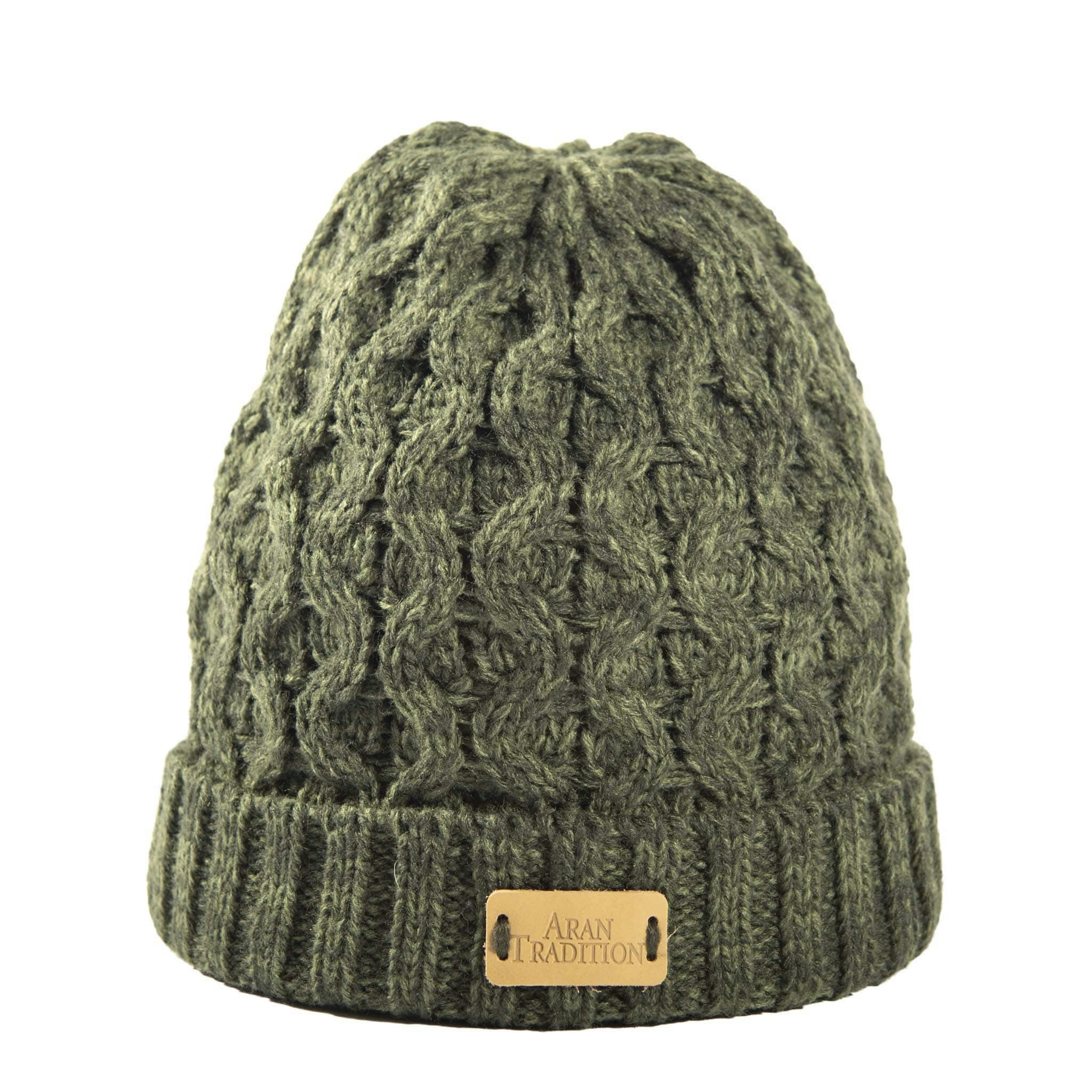 Aran Traditions Dark/Green Aran Cable Knit Beanie Hat