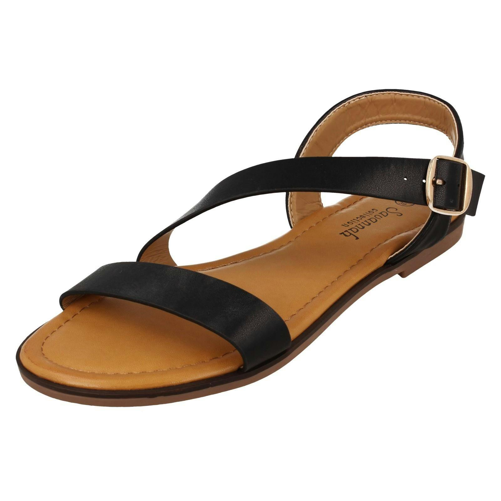 Savannah Women's Black Flat Y Strap Mule Sandal With Buckle F00443 - Uk 8
