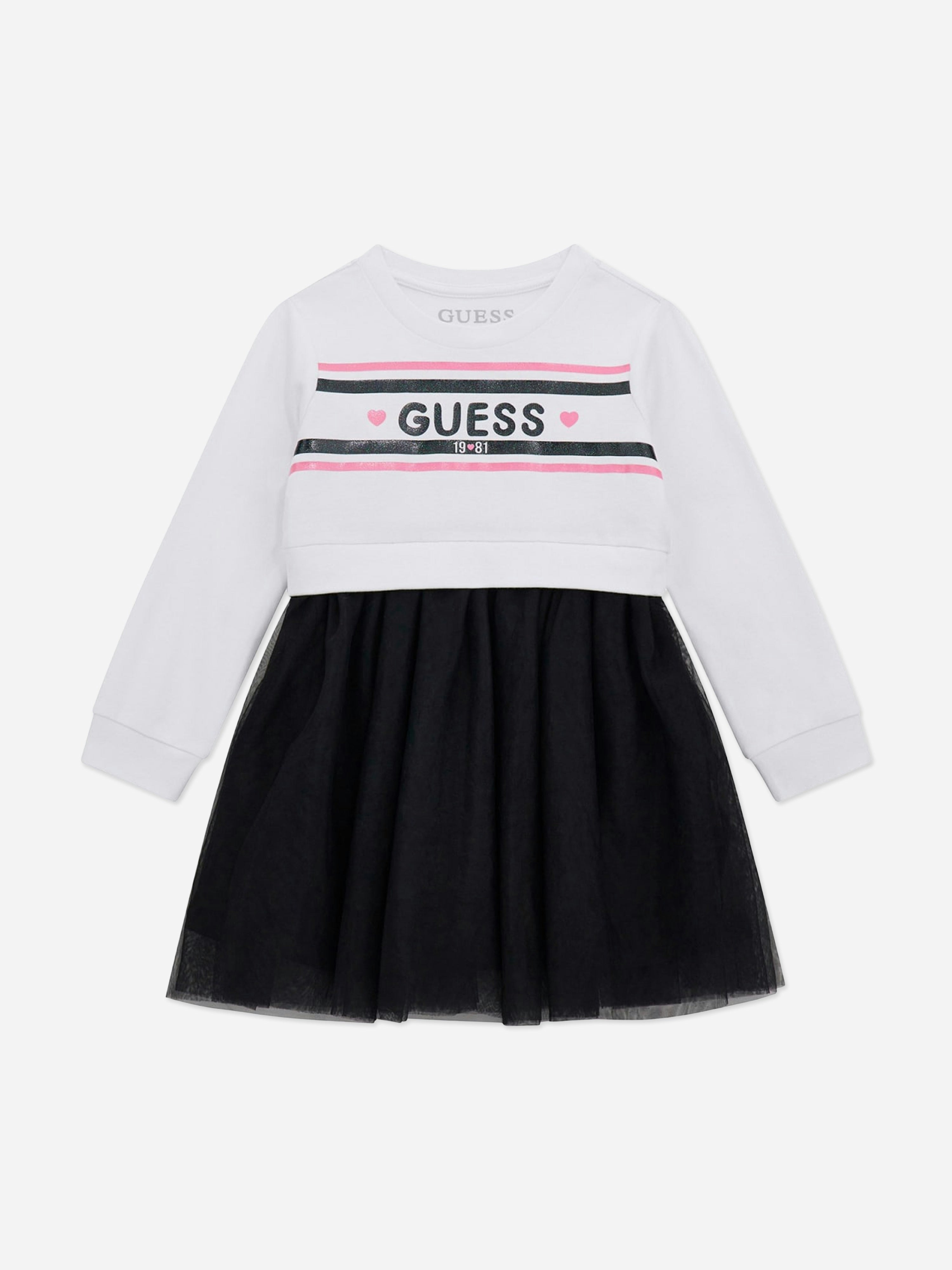 Guess Girls White Mixed Fabric Dress In - 5 Yrs