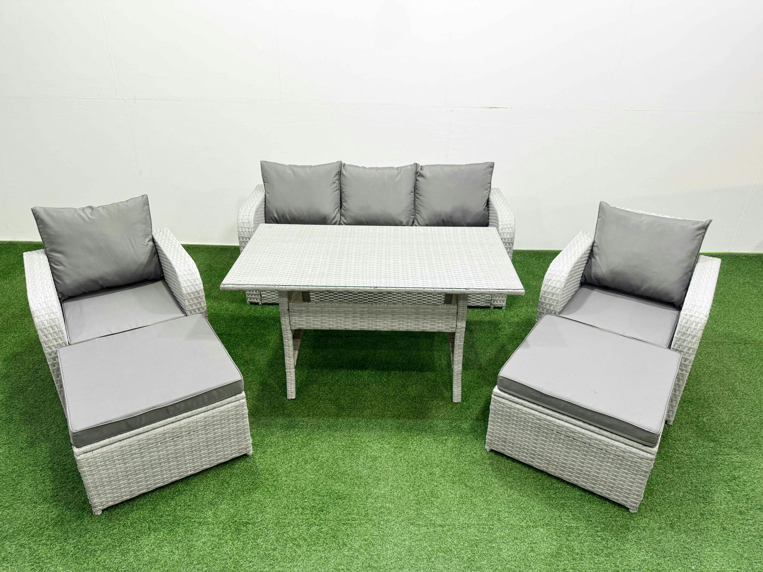 Fimous Light/Grey Pe Rattan Garden Furniture Set Reclining Chair Sofa Lounge Sofa Set Rectangular Dining Table 2 Big Footstool