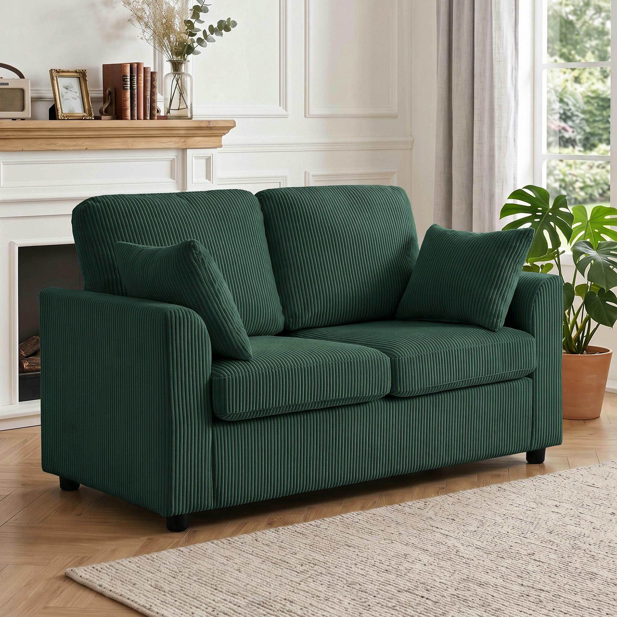 Rackhams Dark/Green 2 Seater Sofa, Corduroy Small Couch With Spring Cushion,