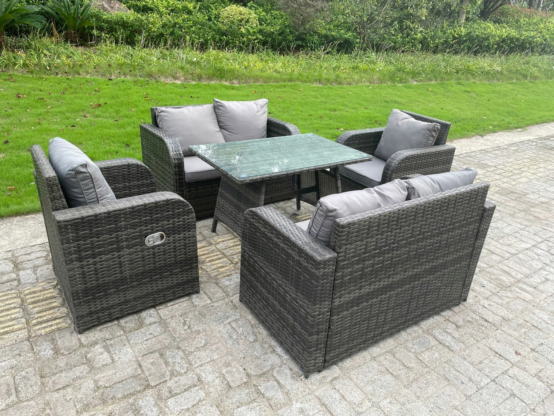 Fimous Dark/Grey Outdoor Rattan Garden Furniture Sofa Set Dining Table Reclining Chairs Love Sofa 6 Seater