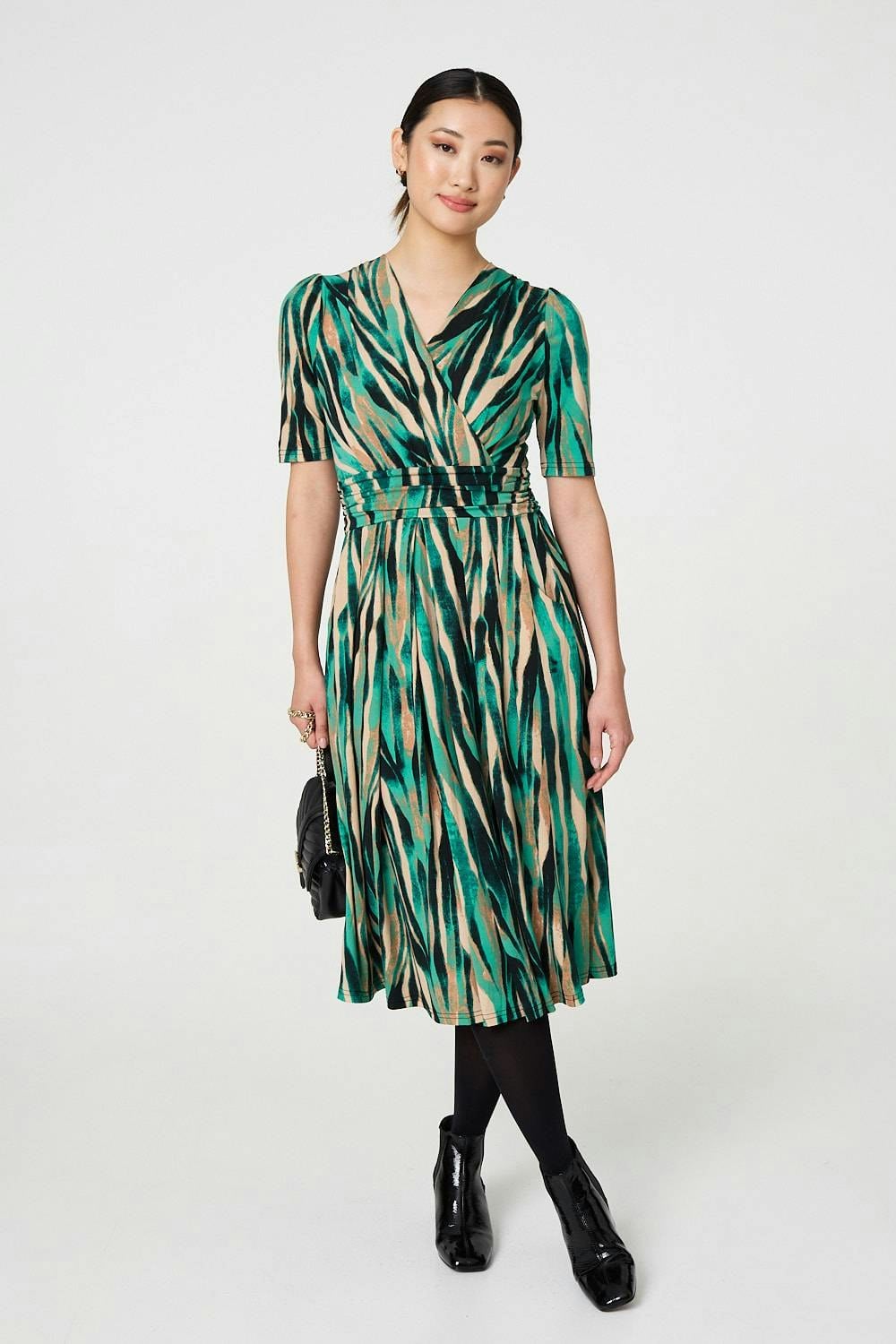 Izabel London Green Printed 1/2 Sleeve Wrap Waist Midi Dress - 8