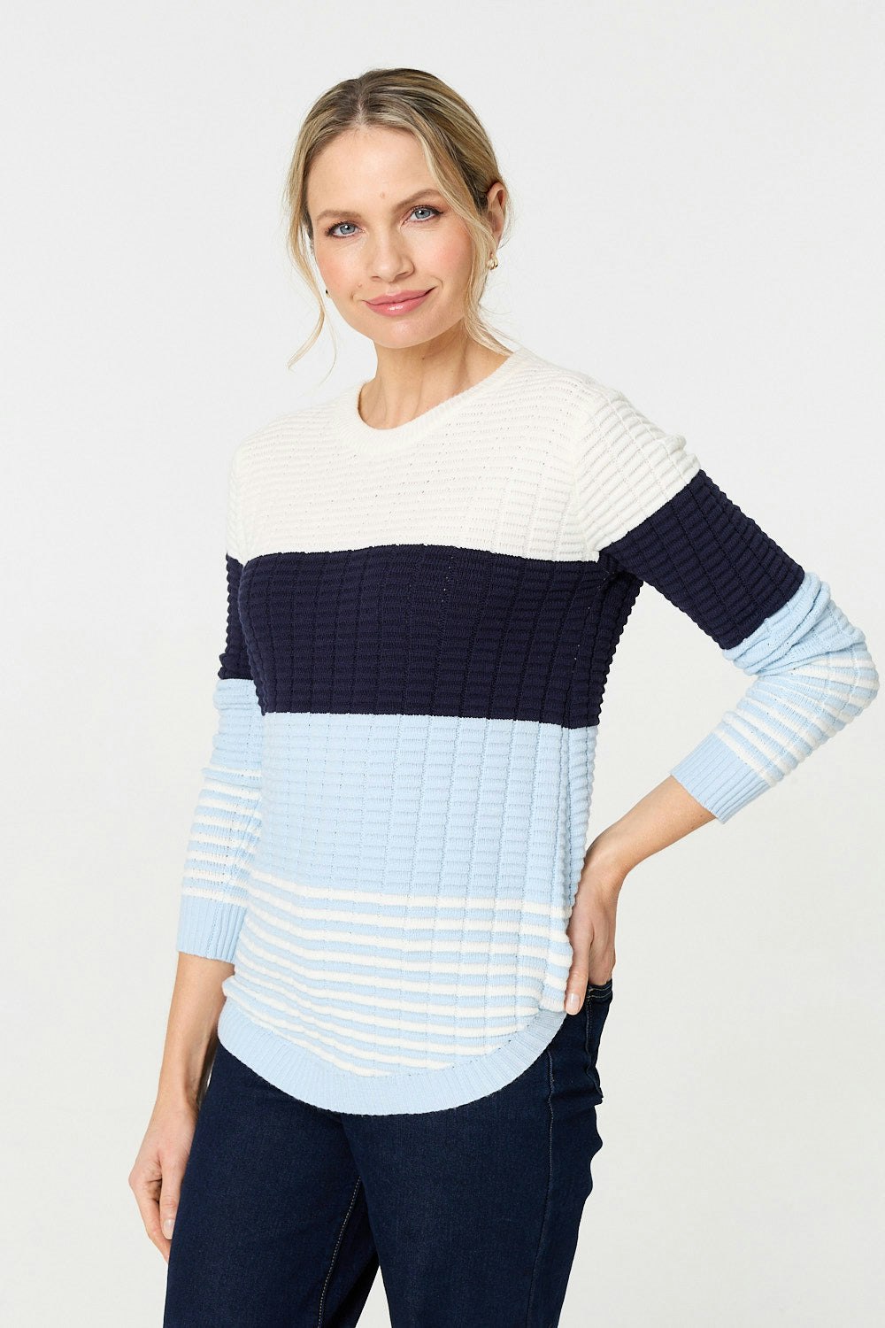 Izabel London Blue Colour Block Textured Curve Hem Jumper - 10