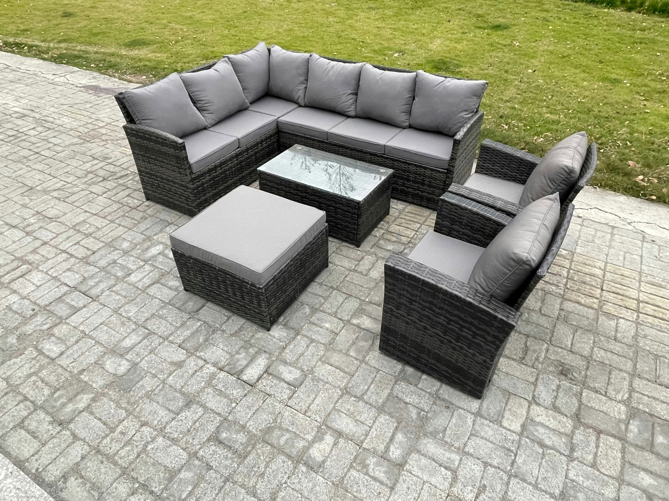 Rackhams Dark/Grey 9 Seater Rattan Garden Furniture Sets High Back Corner Sofa Rectangular Coffee Table Set With Big Footstool 2 Armchairs Mixed