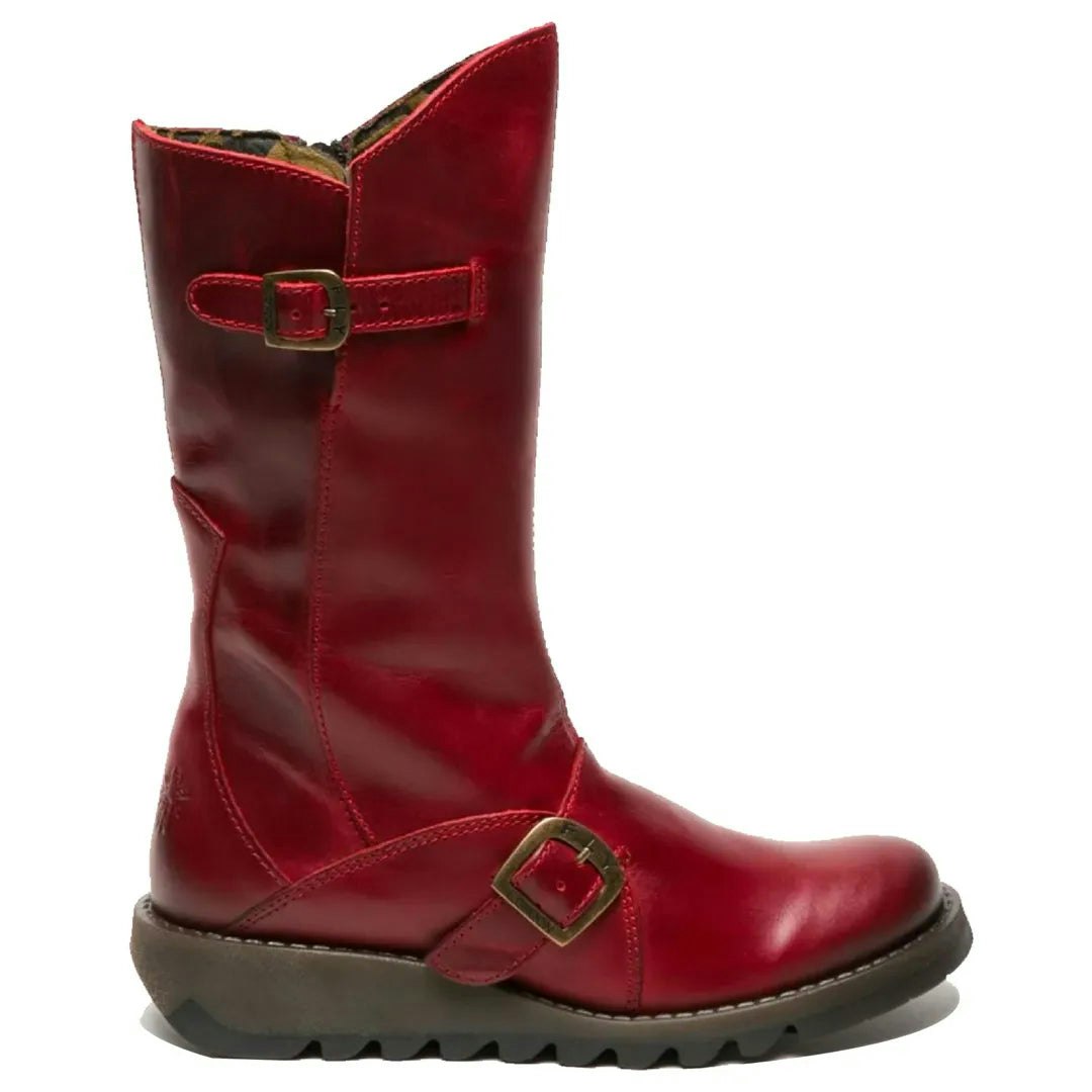 Fly London Women's Red Mes2913 - Wedge Heel Buckle Mid Calf Leather Boots - Uk 3