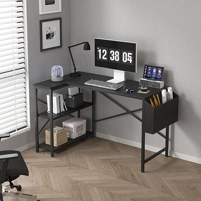 Mcc Direct Black Corner Computer Desk L Shaped Desk With Adjustable Shelves Lotus 120Cm