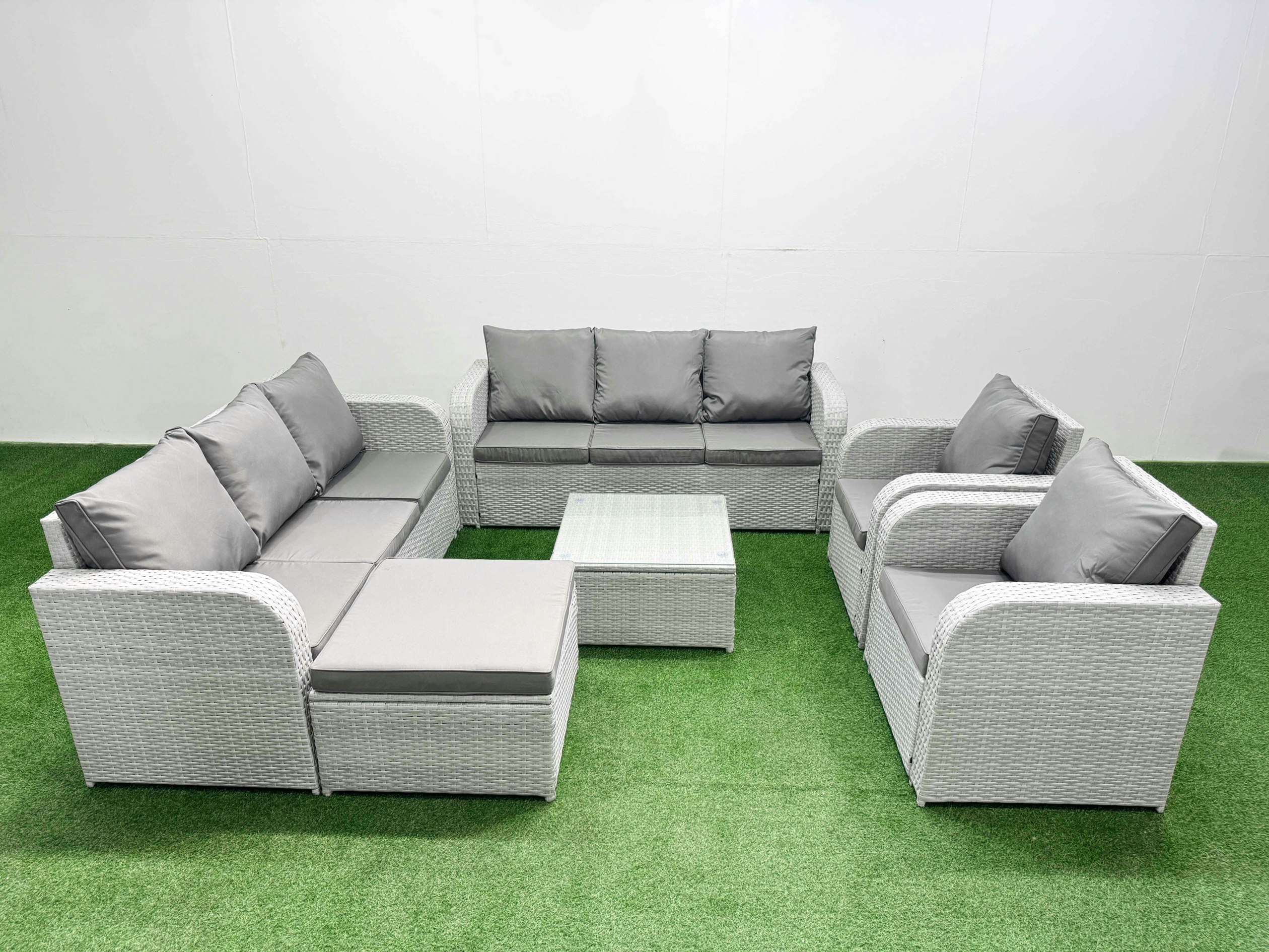 Fimous Light/Grey Pe Rattan High Back Lounge Sofa Set Patio Square Coffee Table & Chairs Set With 3 Seater Sofa Reclining Chair Big Footstool