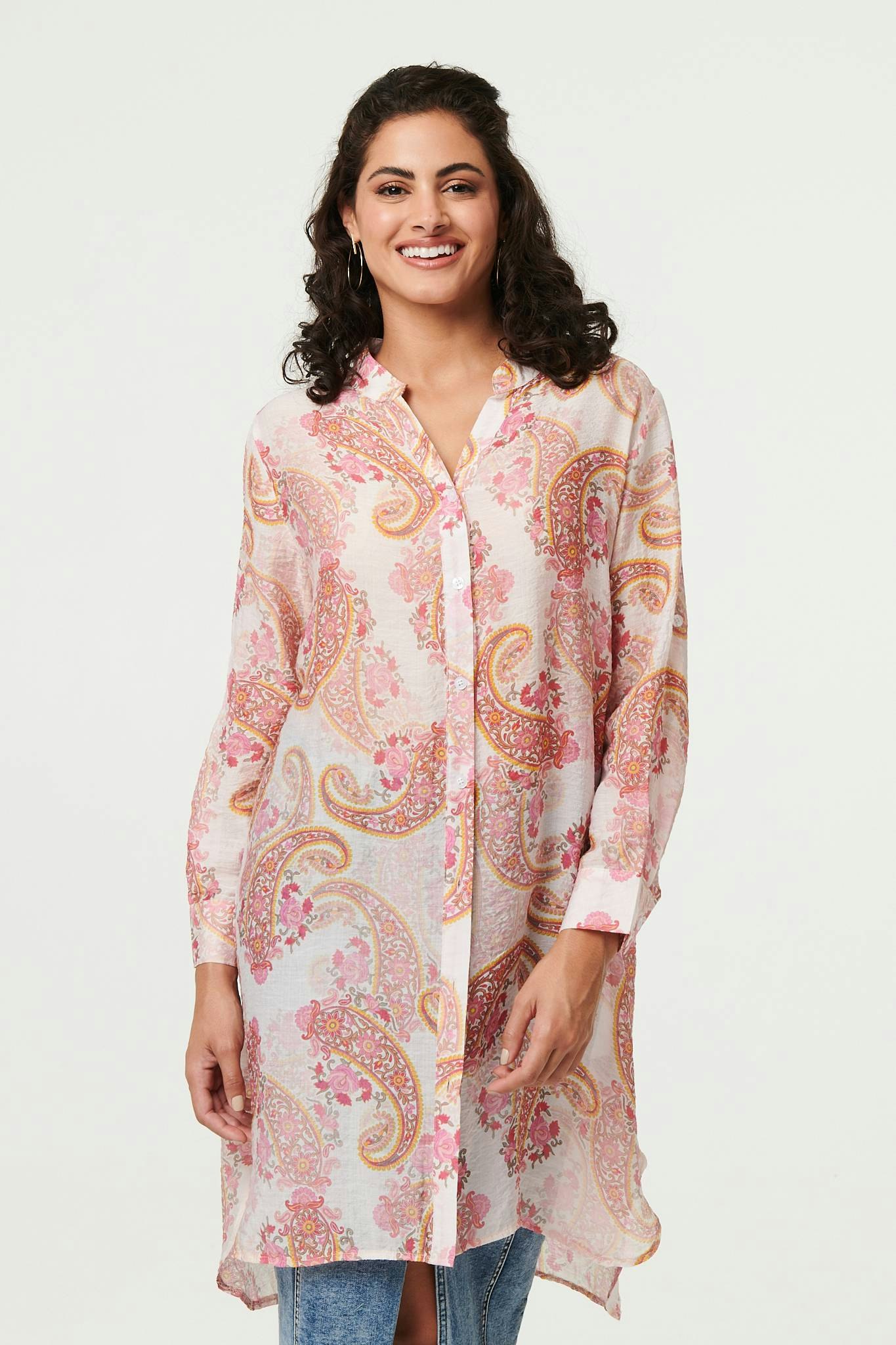 Izabel London Pink Paisley Long Sleeve Sheer Longline Shirt - 12