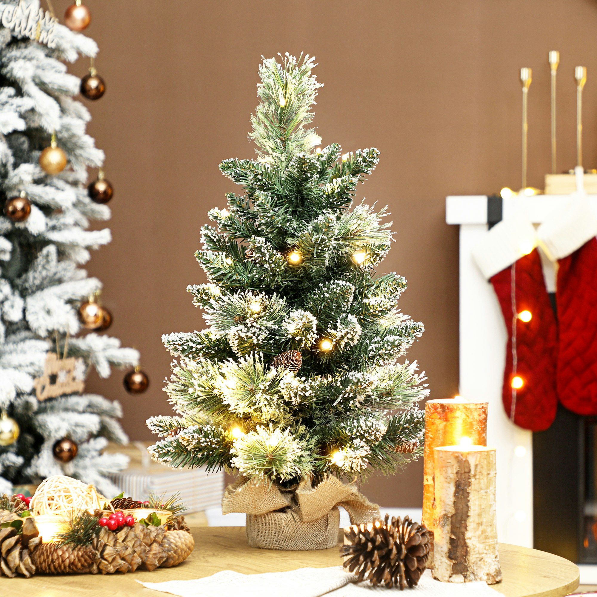 Rackhams Green 60 Cm Prelit Mini Tabletop Christmas Tree, Snow Flocked Xmas Tree - 2Ft