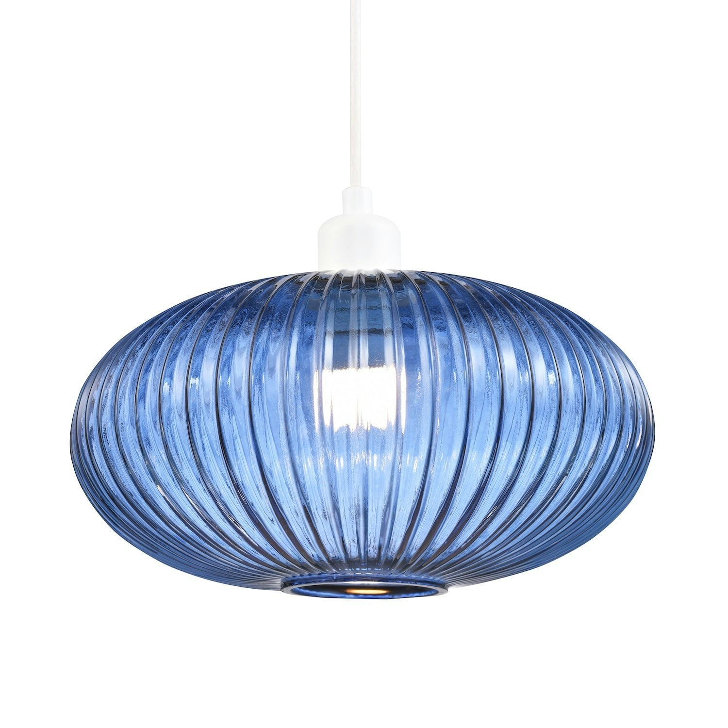 Happy Homewares Blue Modern Designer Navy Midnight Line Ribbed Glass Oval Pendant Lamp Shade