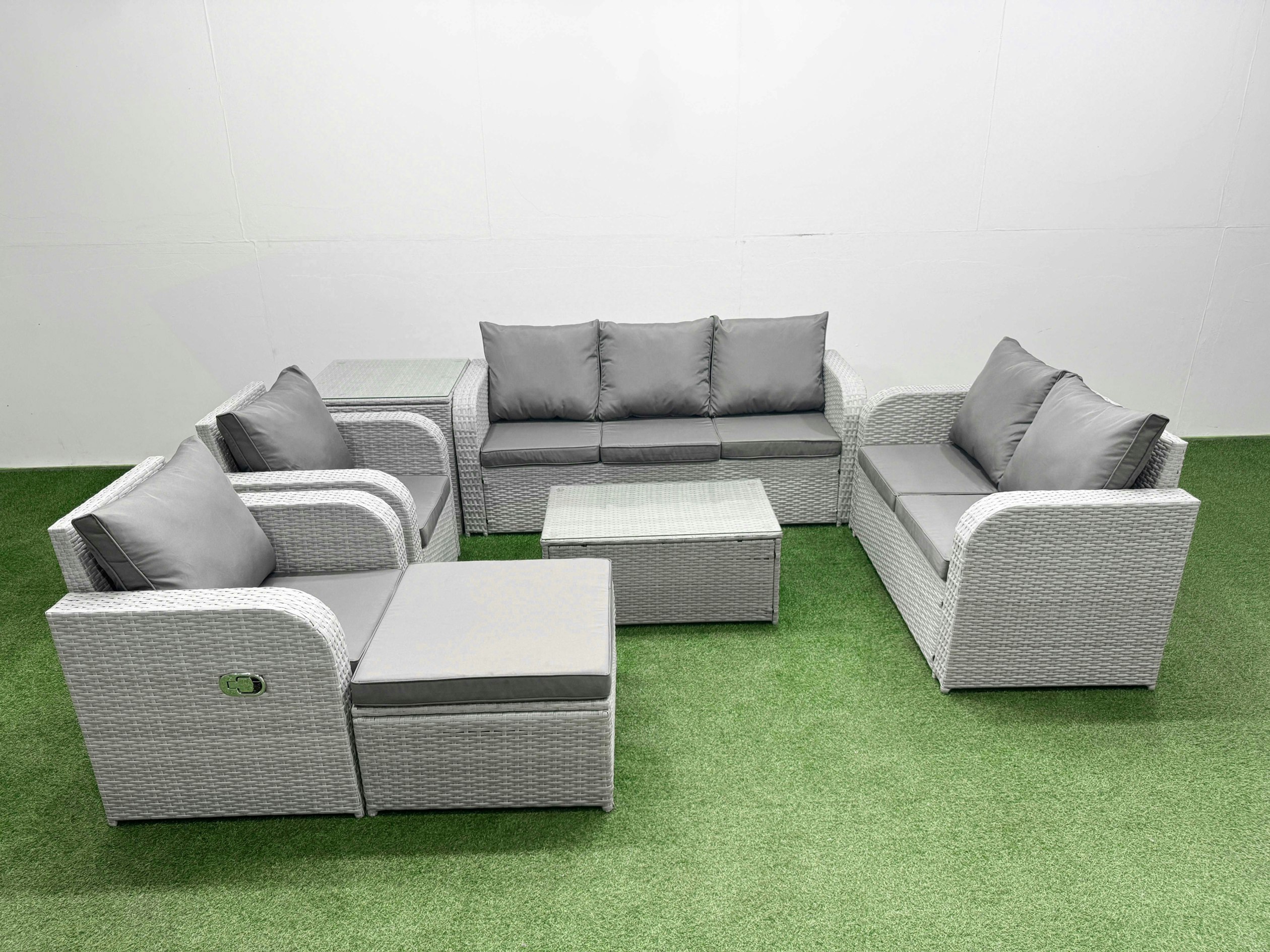 Fimous Light/Grey Pe Rattan Outdoor Lounge Set - Adjustable Chair, Double Loveseat, Oblong Coffee Table, Big Footstool & Side Table