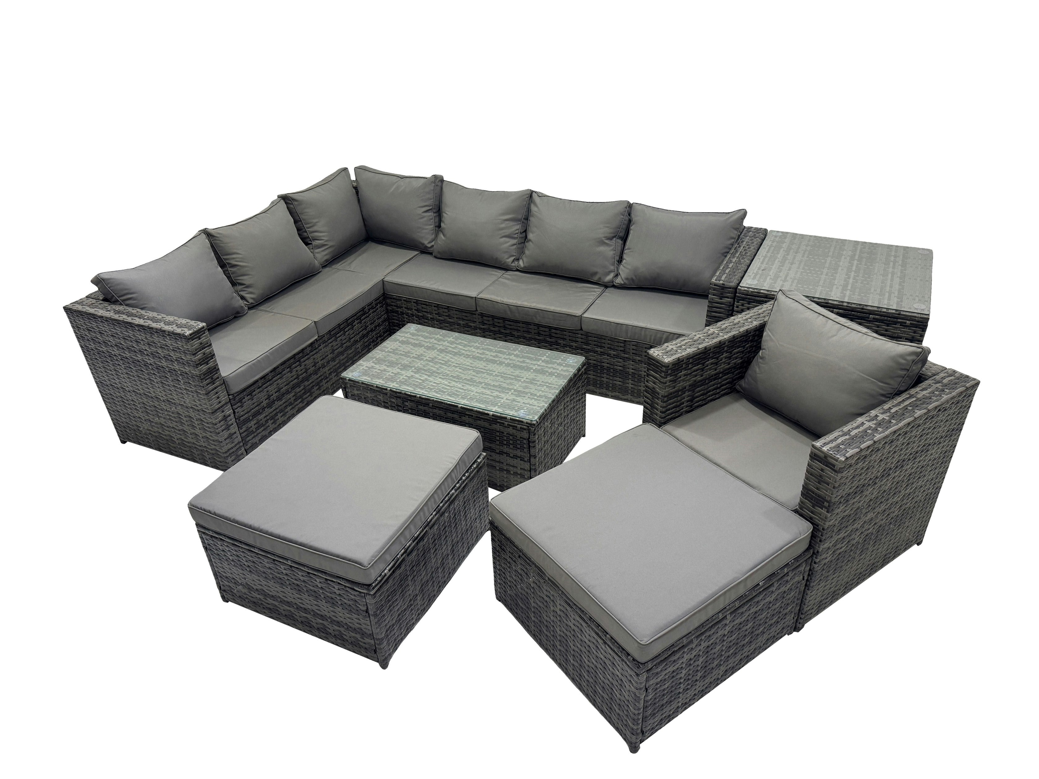Rackhams Dark/Grey Outdoor Rattan Rectangular Coffee Table Corner Sofa Sets Garden Furniture Set With 2 Big Stools Side Table Mixed