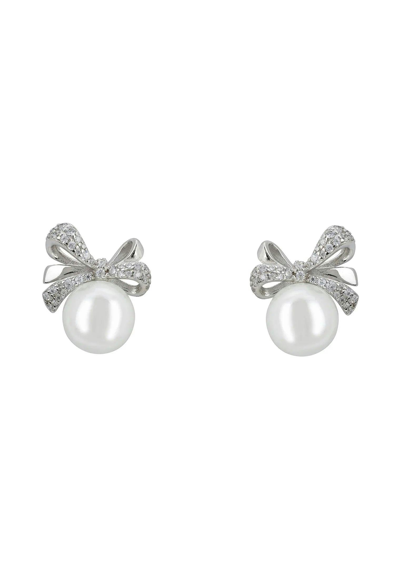 Latelita Silver Ribbon Bow Pearl Stud Earrings