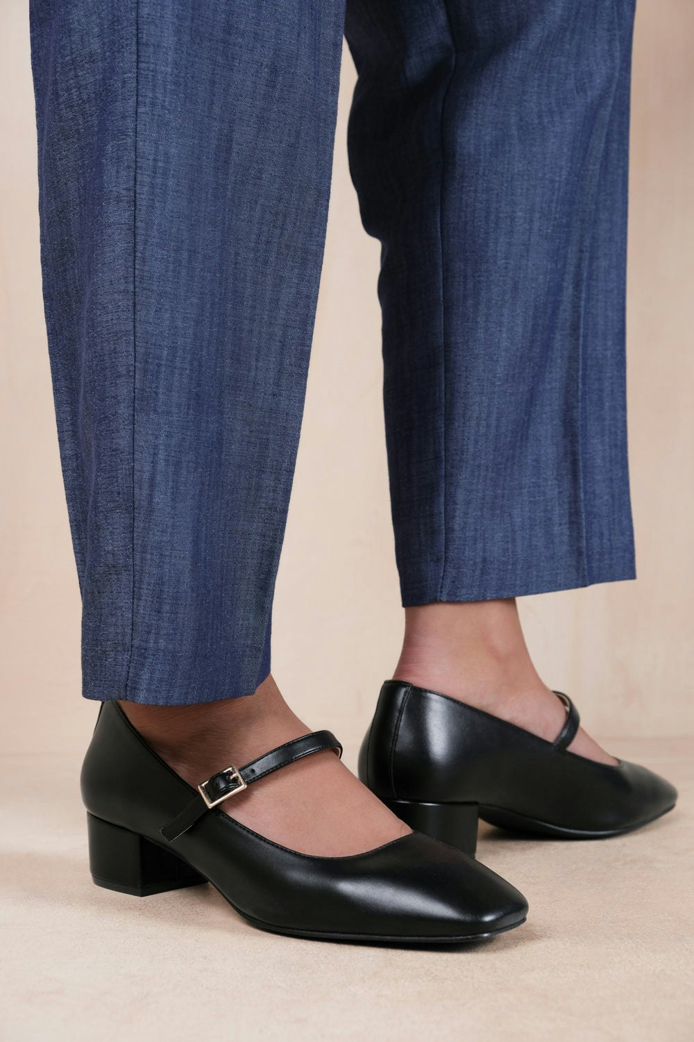 Where's That From Black Oslo Low Block Heel With Strap And Square Toe In Faux Leather - Size 6