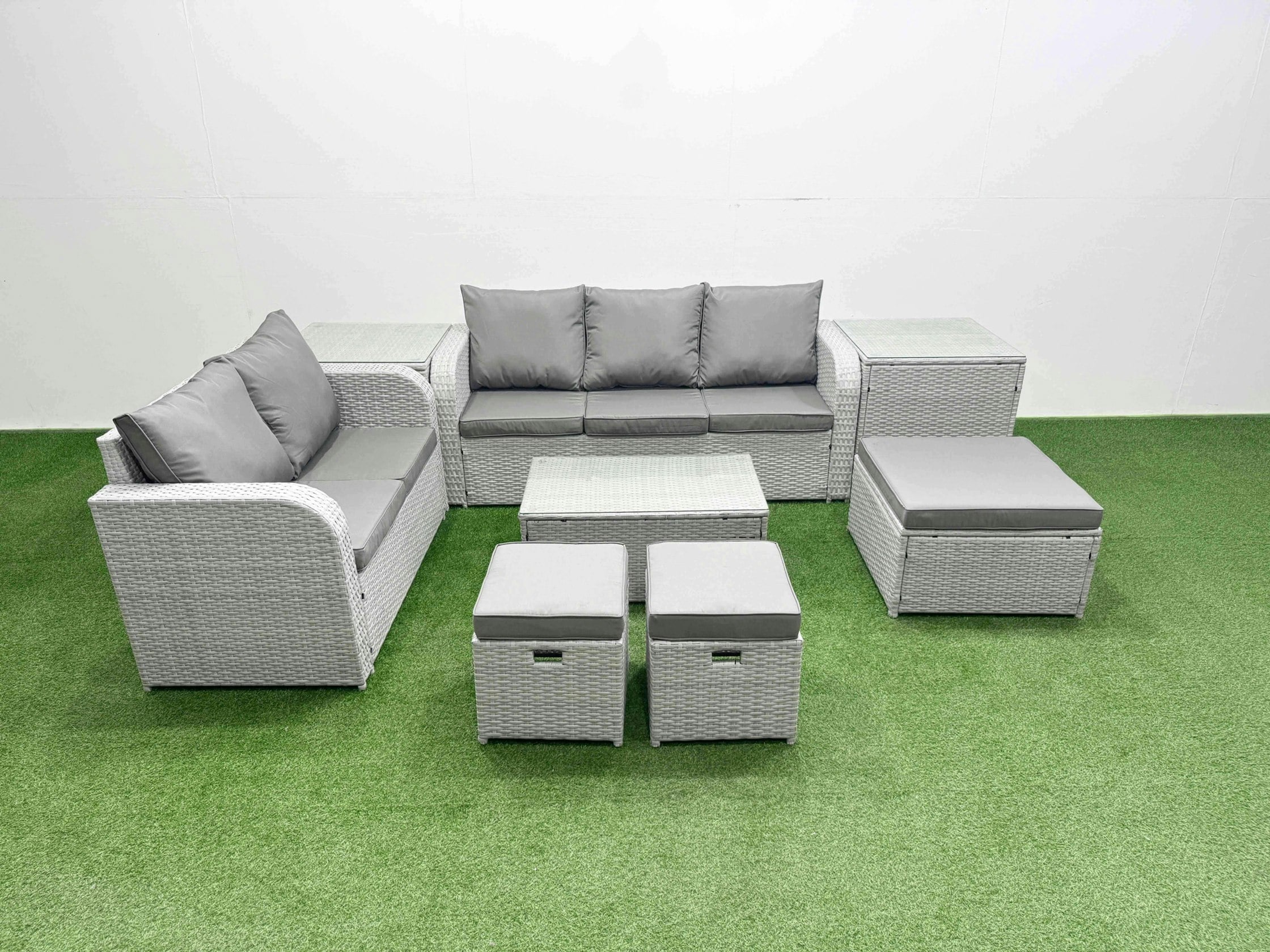 Rackhams Light/Grey/Dark 8 Seater Rattan Conservatory Sofa Set - Rectangular Coffee Table, 3-Seater Sofa, Loveseat & 3 Stools