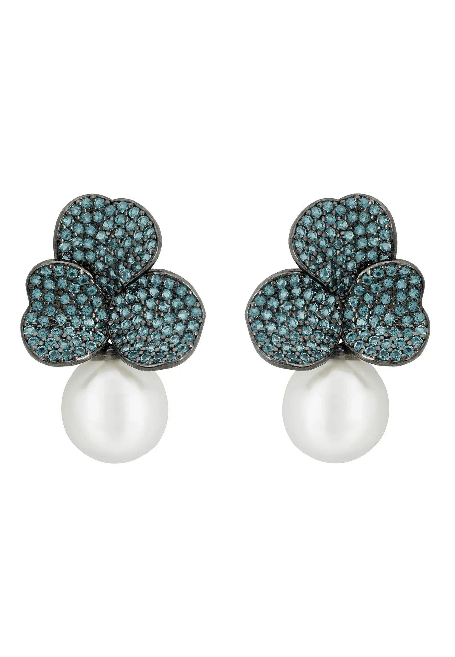 Latelita Silver Iris Flower And Pearl Dangle Earrings Aqua
