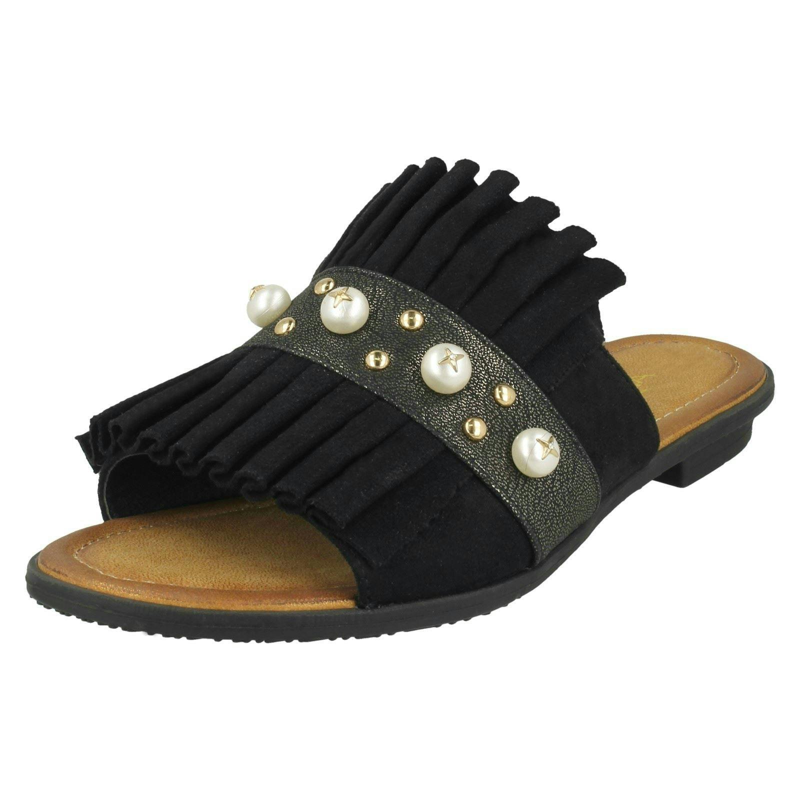 Spot On Women's Black Pearl Trim Mules - Uk 5