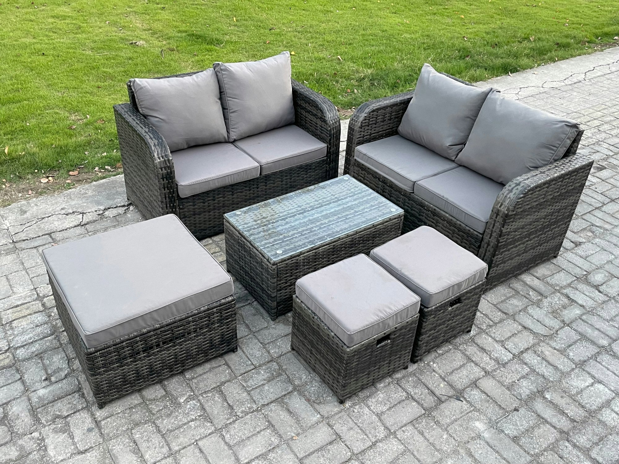 Rackhams Dark/Grey 7 Seater Garden Furniture Set Rattan Outdoor Lounge Sofa Chair With Tempered Glass Table 3 Footstools Mixed