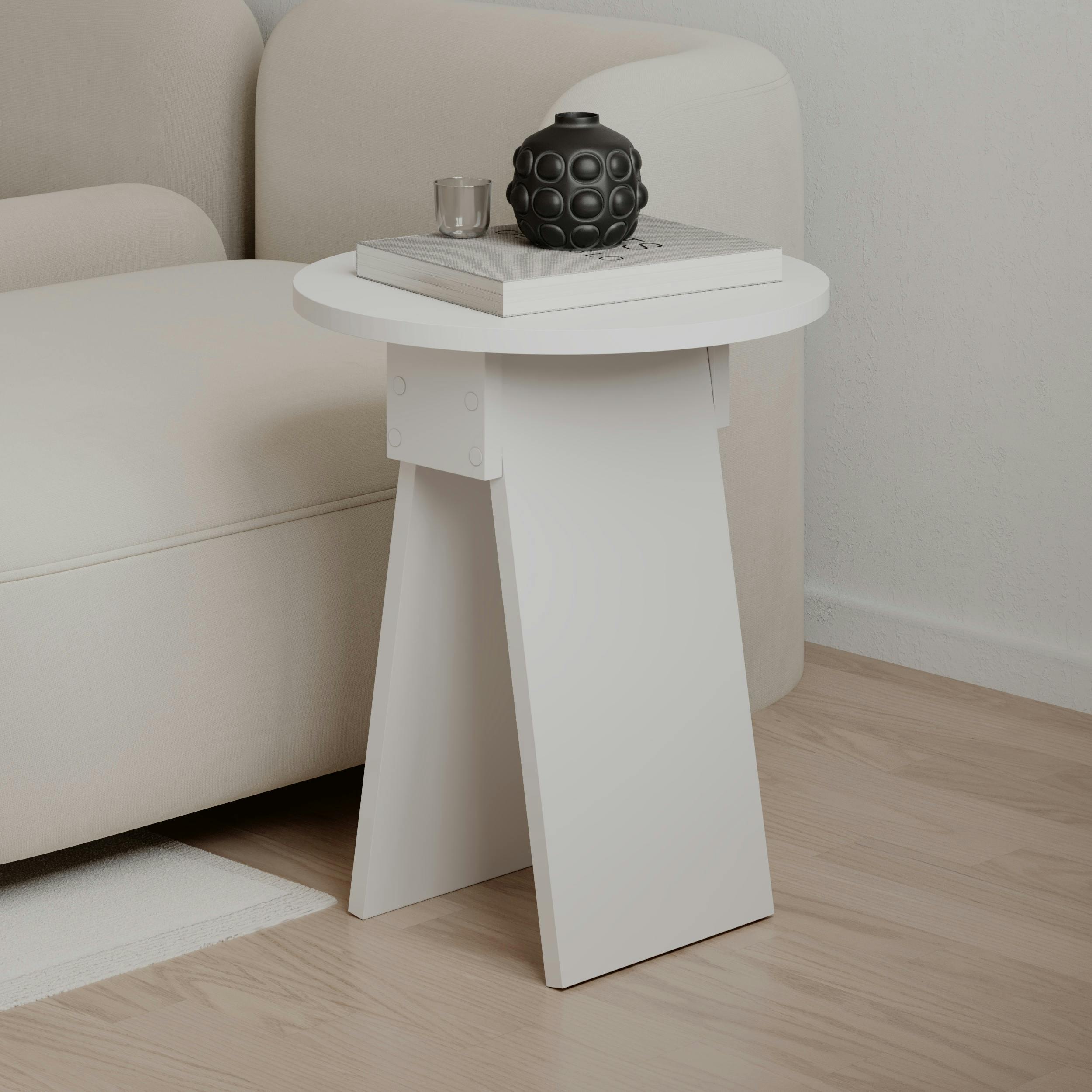Decortie White Modern Chen Side Table Round Shape Particle Board 2 Legs Coffee Table 42(W)X42(D)X50(H) Cm