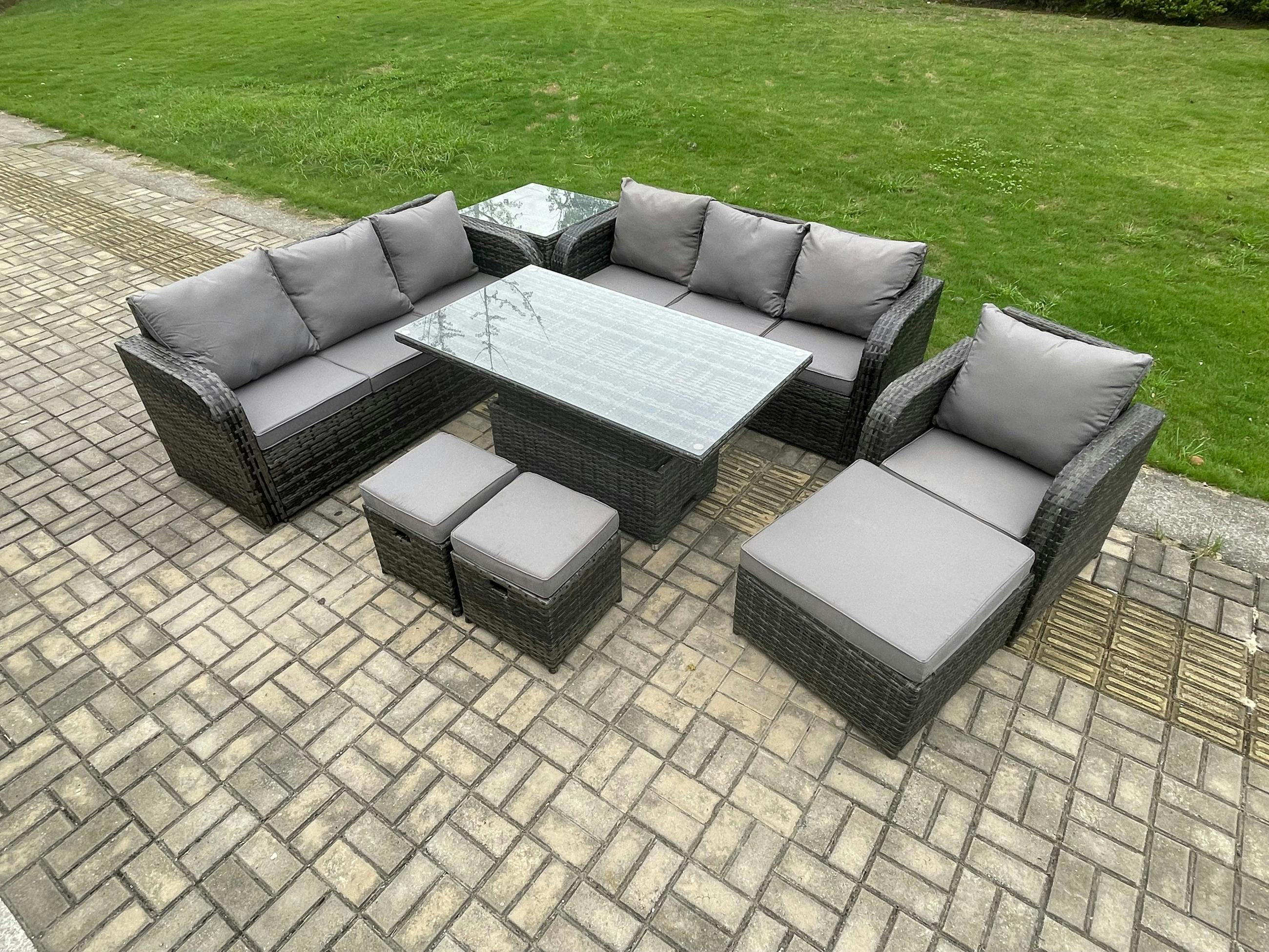 Fimous Dark/Grey Pe Rattan Garden Furniture Patio Set, Adjustable Height Dining Table Sofa, Side Table, Reclining Chair, 3 Footstools, Mixed