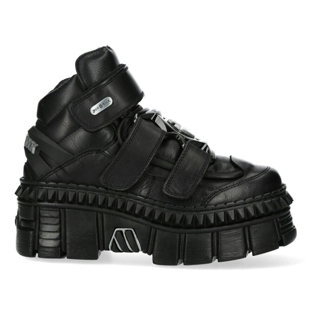 New Rock Unisex Black Metallic Ankle Leather Boots-Wall285-S3 - Uk 6 | Eu 39 | Us 8.5