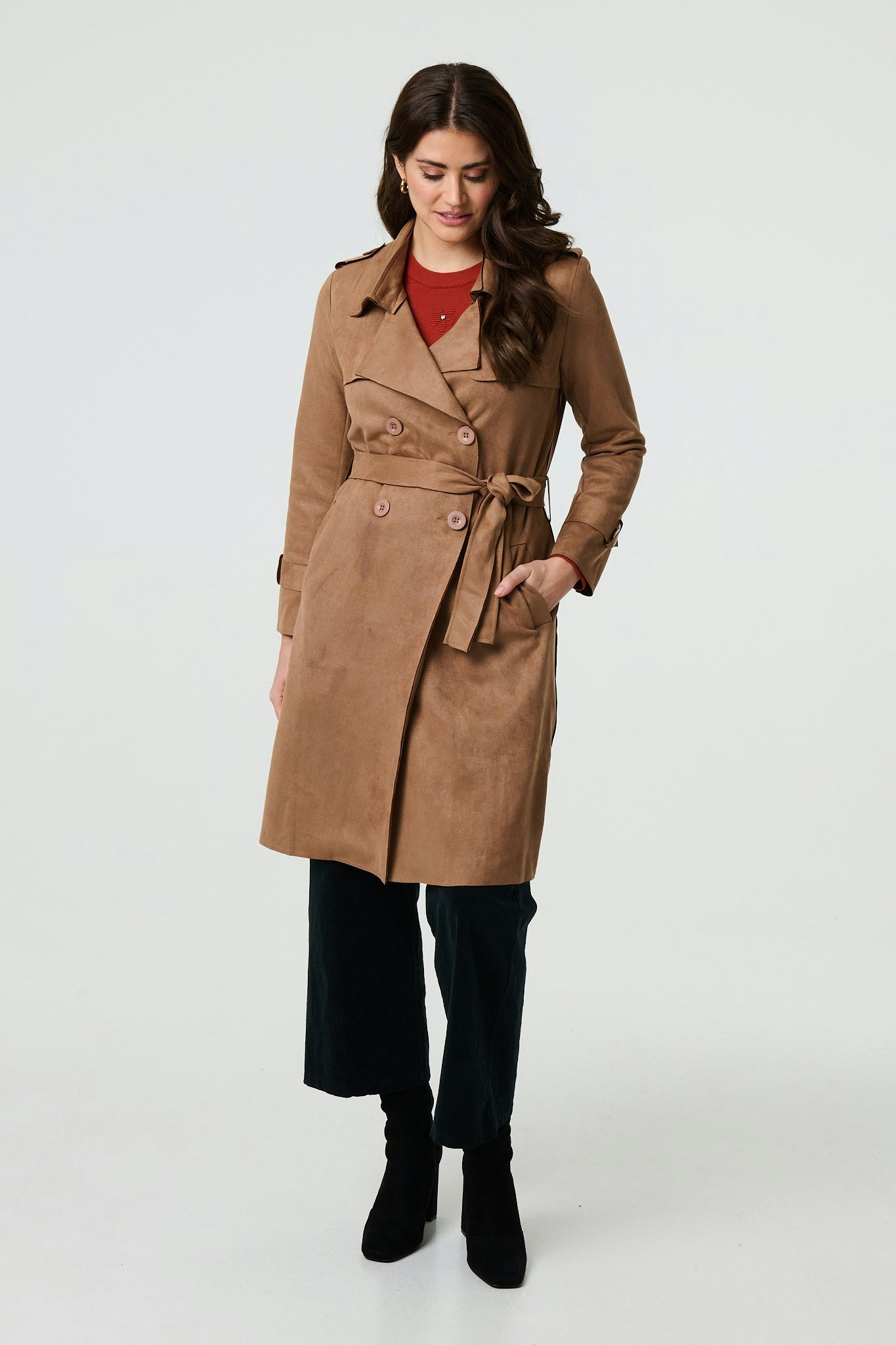 Izabel London Brown Suede Tie Waist Button Front Trench Coat - 16