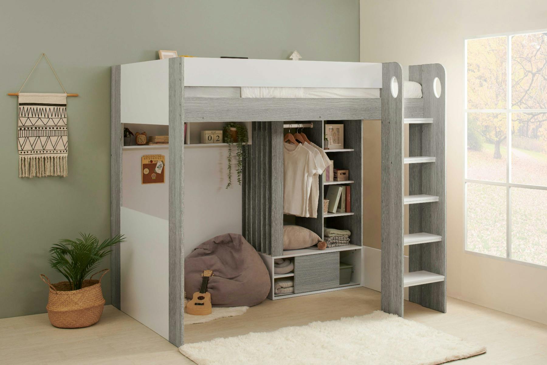 Flair Hampton Single White & Grey High Sleeper Frame - Oak - Small - Image 5