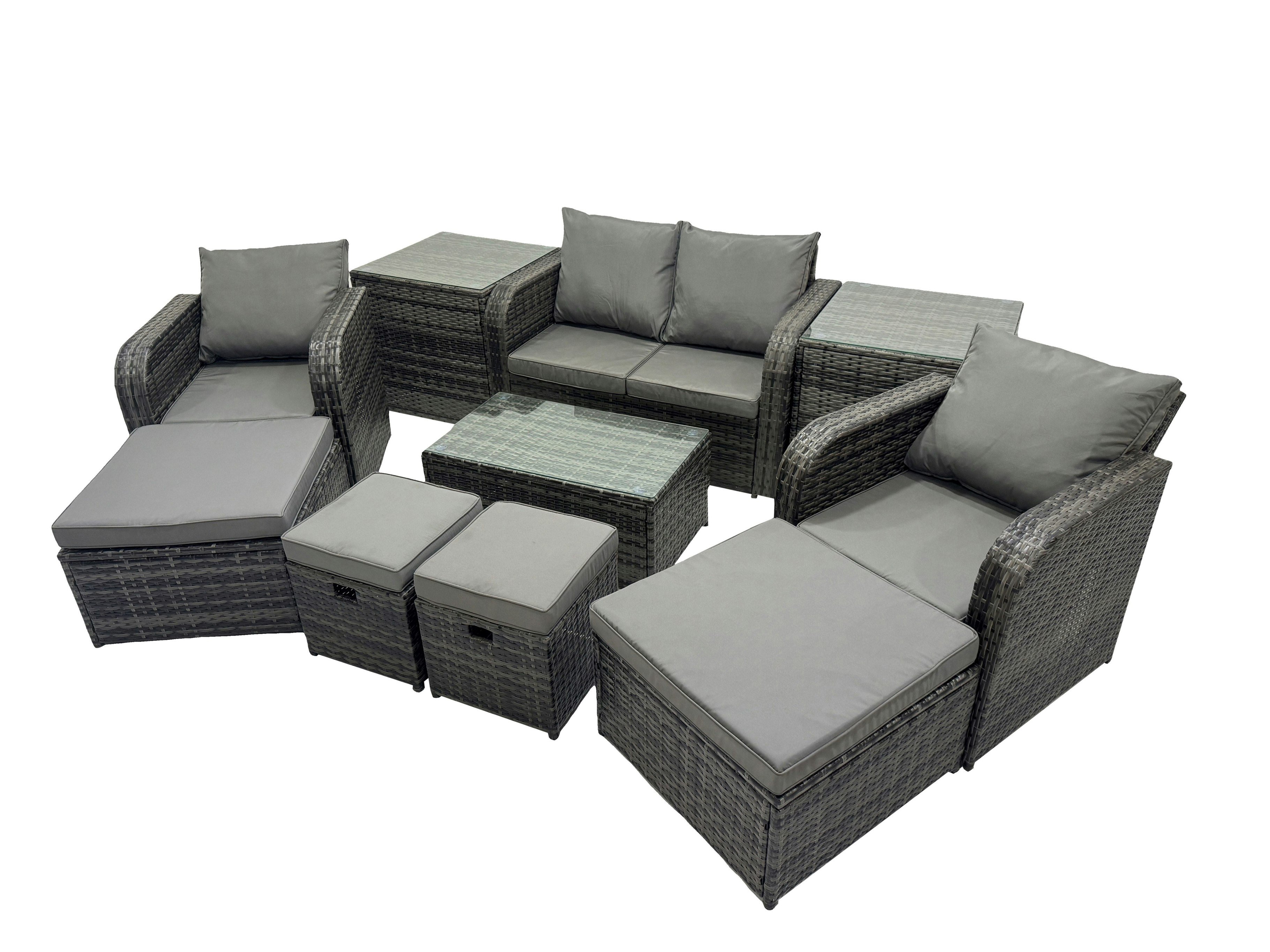 Fimous Dark/Grey Outdoor Love Sofa Reclining Chair Coffee Table Set Garden Rattan Furniture Set 8 Seater With 4 Stools 2 Side Tables
