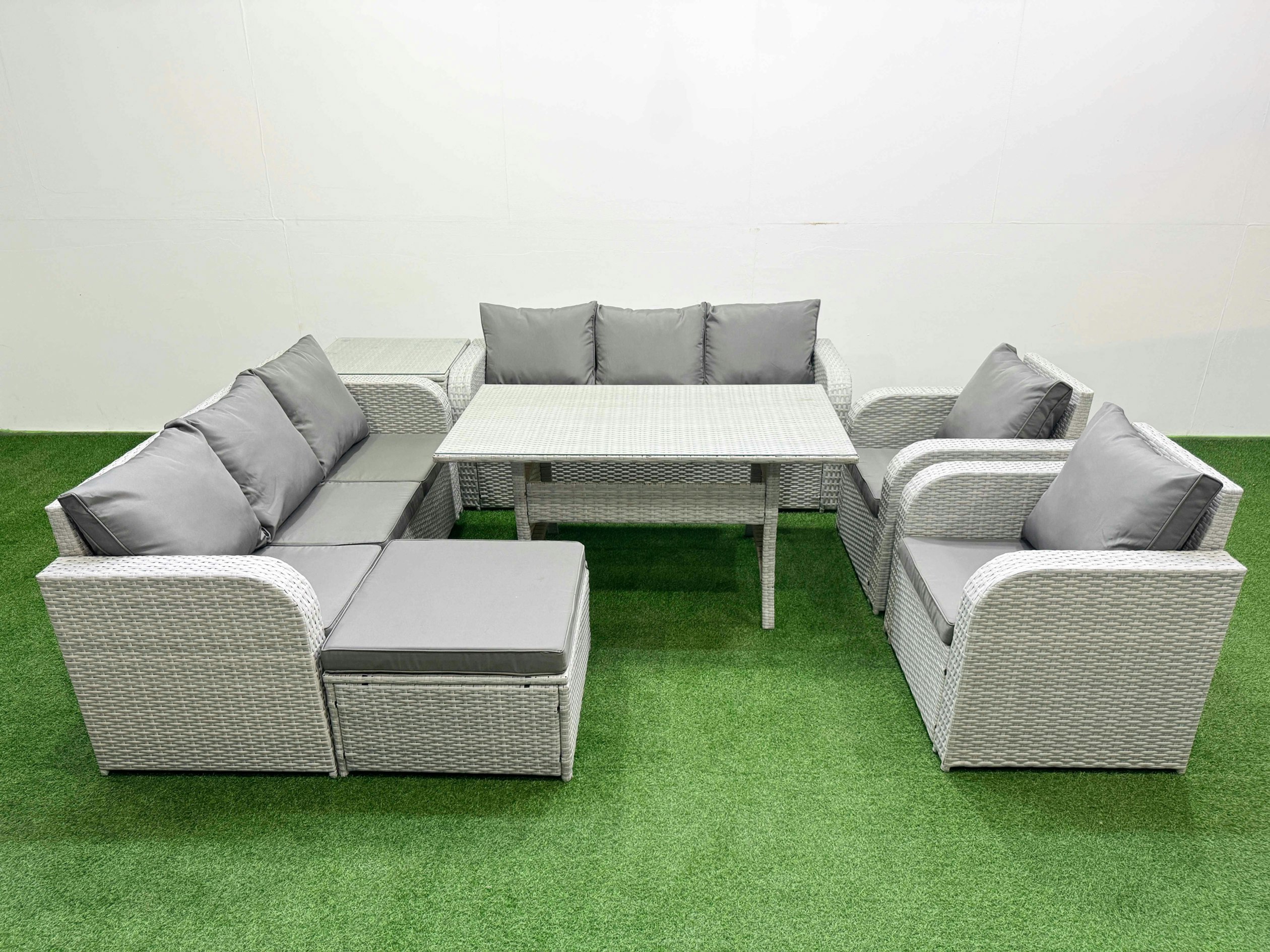 Fimous Light/Grey Pe Rattan High Back Lounge Set - Rectangular Dining Table, 3-Seater Sofa, Reclining Chair & Big Footstool