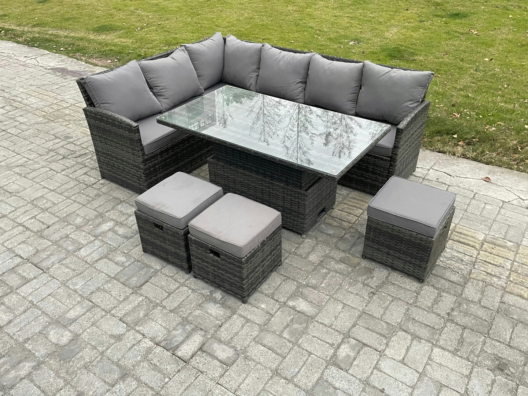 Fimous Dark/Grey Wicker Pe Outdoor Rattan Garden Furniture Set Height Adjustable Rising Lifting Table Sofa Dining Set With 3 Small Footstools Mixed