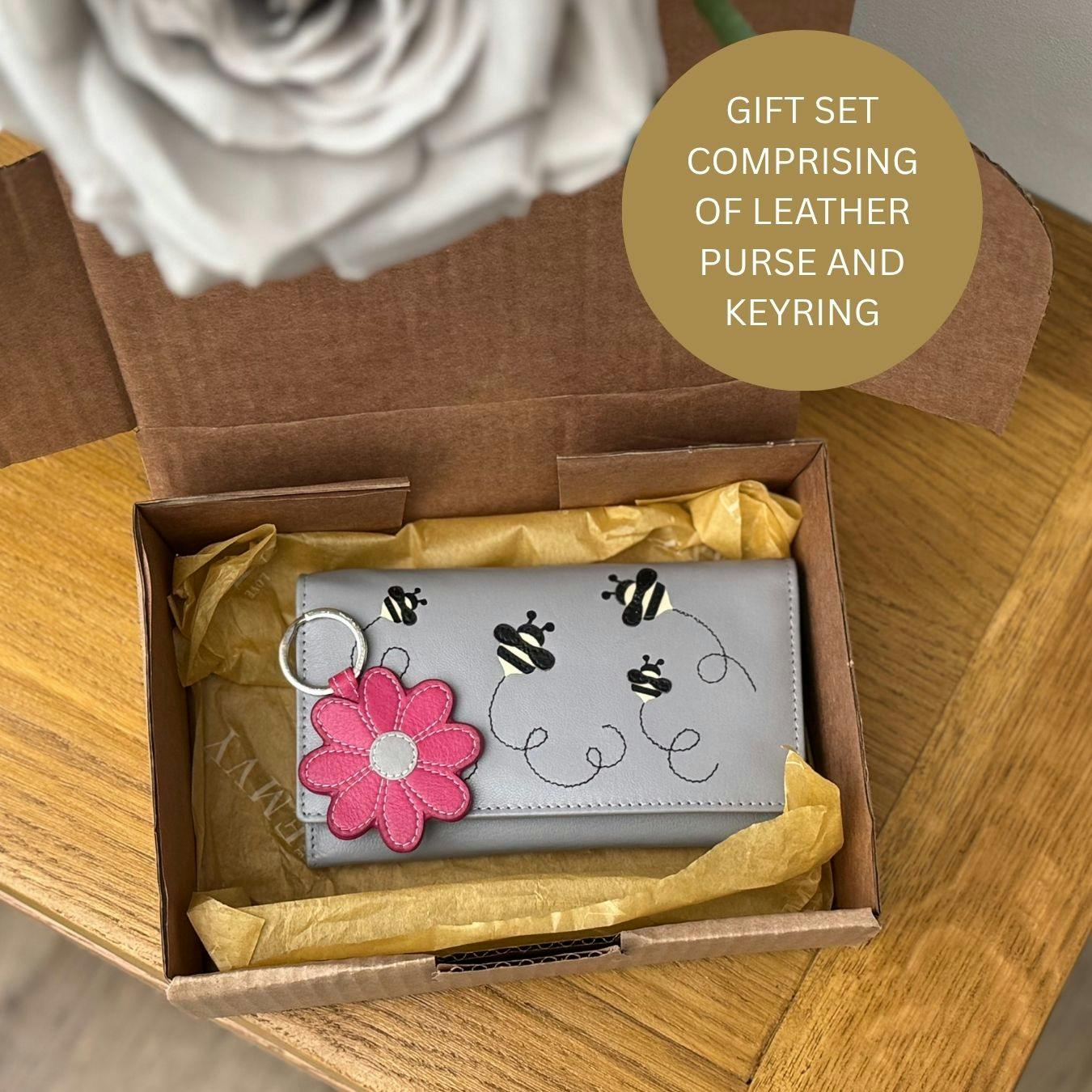 Mala Leather Pink/Grey Gift Set – Leather Bee Purse And Daisy Keyring