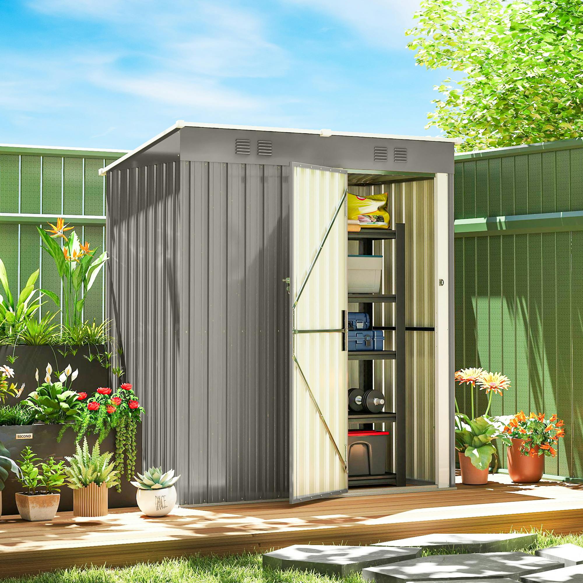 Rackhams Light/Grey 5 X 3 Ft Lean-To Garden Shed, Outdoor Storage Shed, - Galvanised Steel - 163W X 90D X 179H Cm