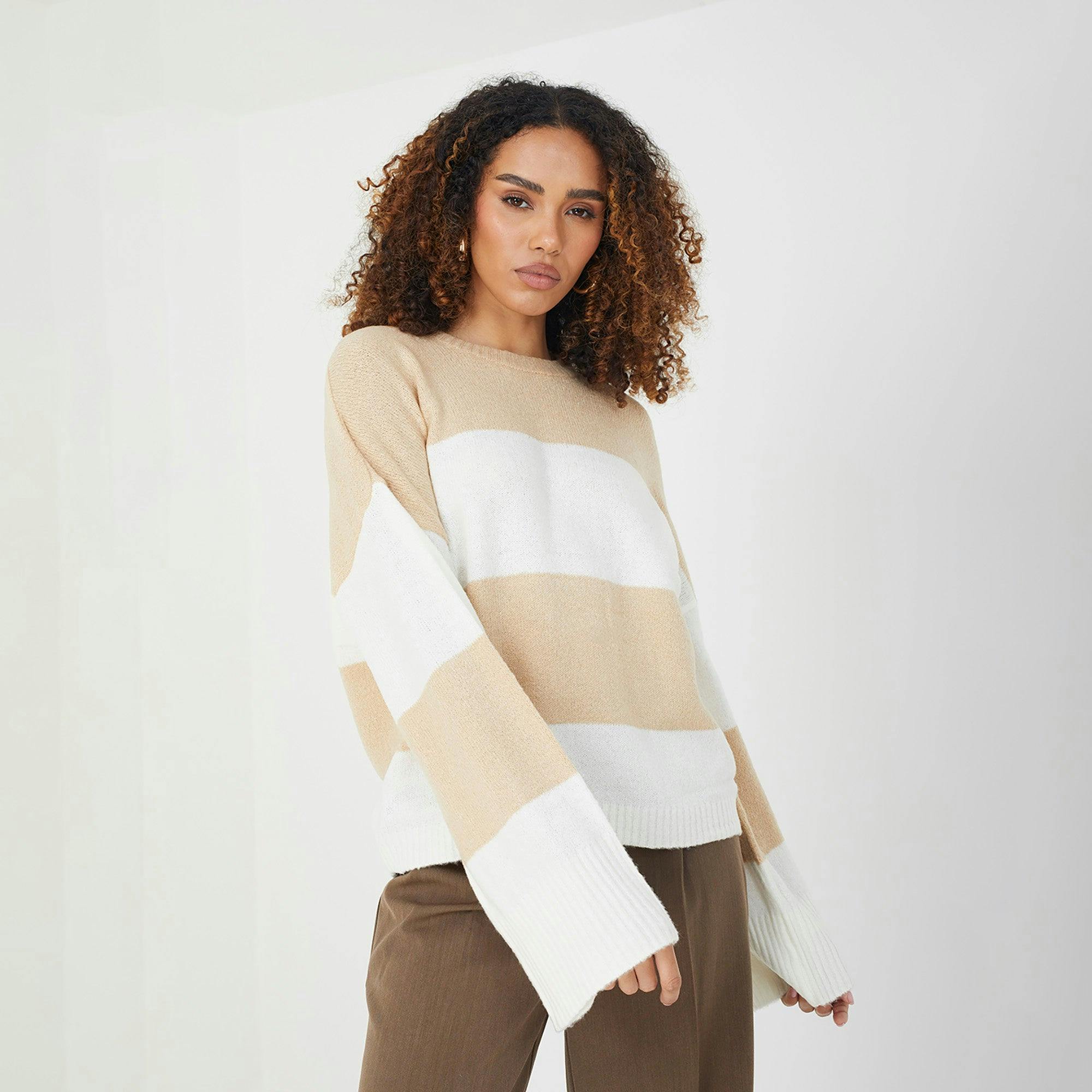 Brave Soul Beige Striped Lightweight Knitted Jumper - Xxl