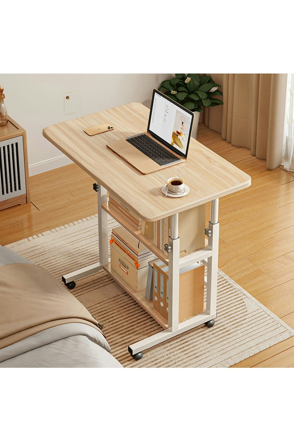Rackhams 3-Tier Height Adjustable Mobile Table Overbed Desk With Shelves Wheels - Natural