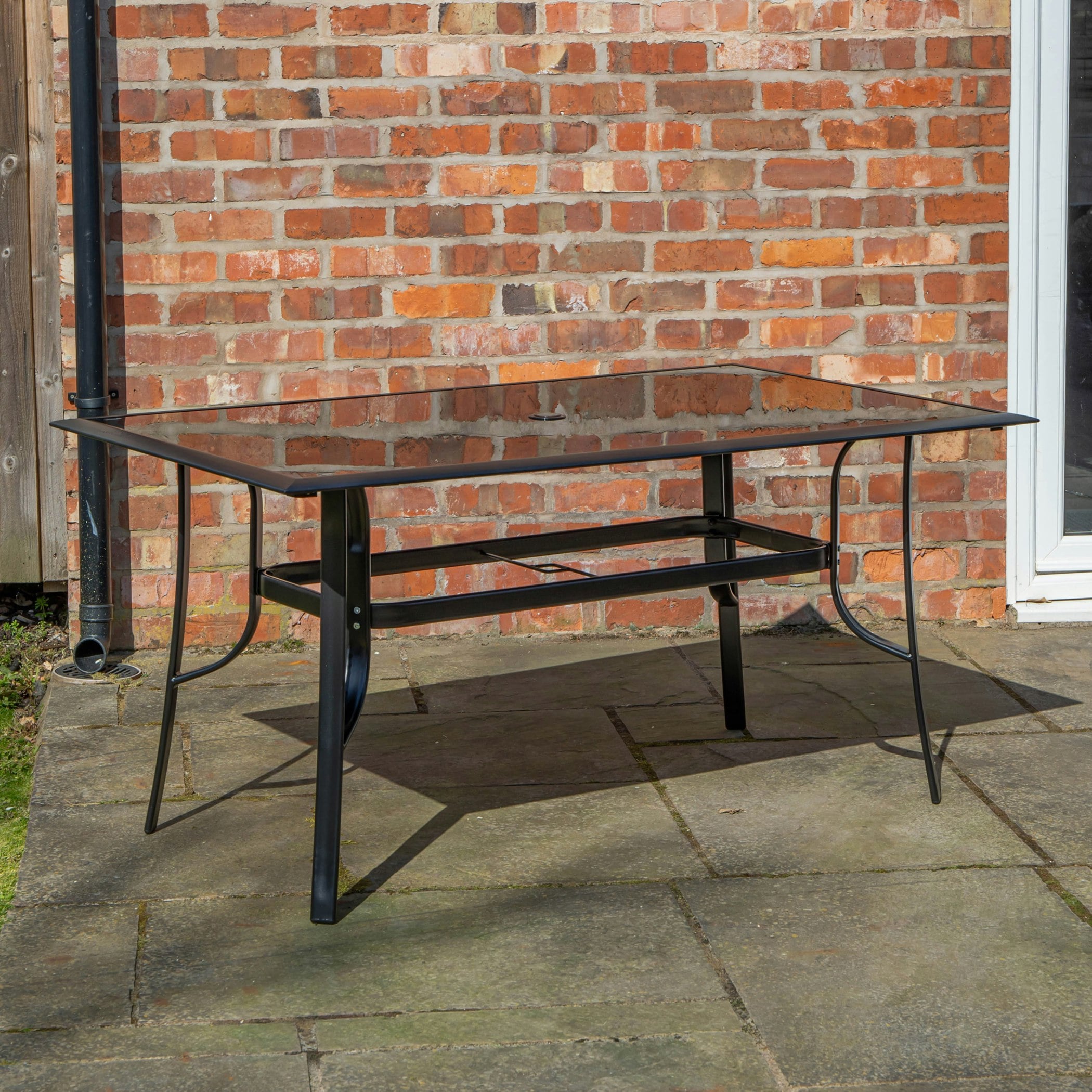 Rackhams Black 6 Person Rectangular Garden Patio Table With Glass Top & Parasol Hole