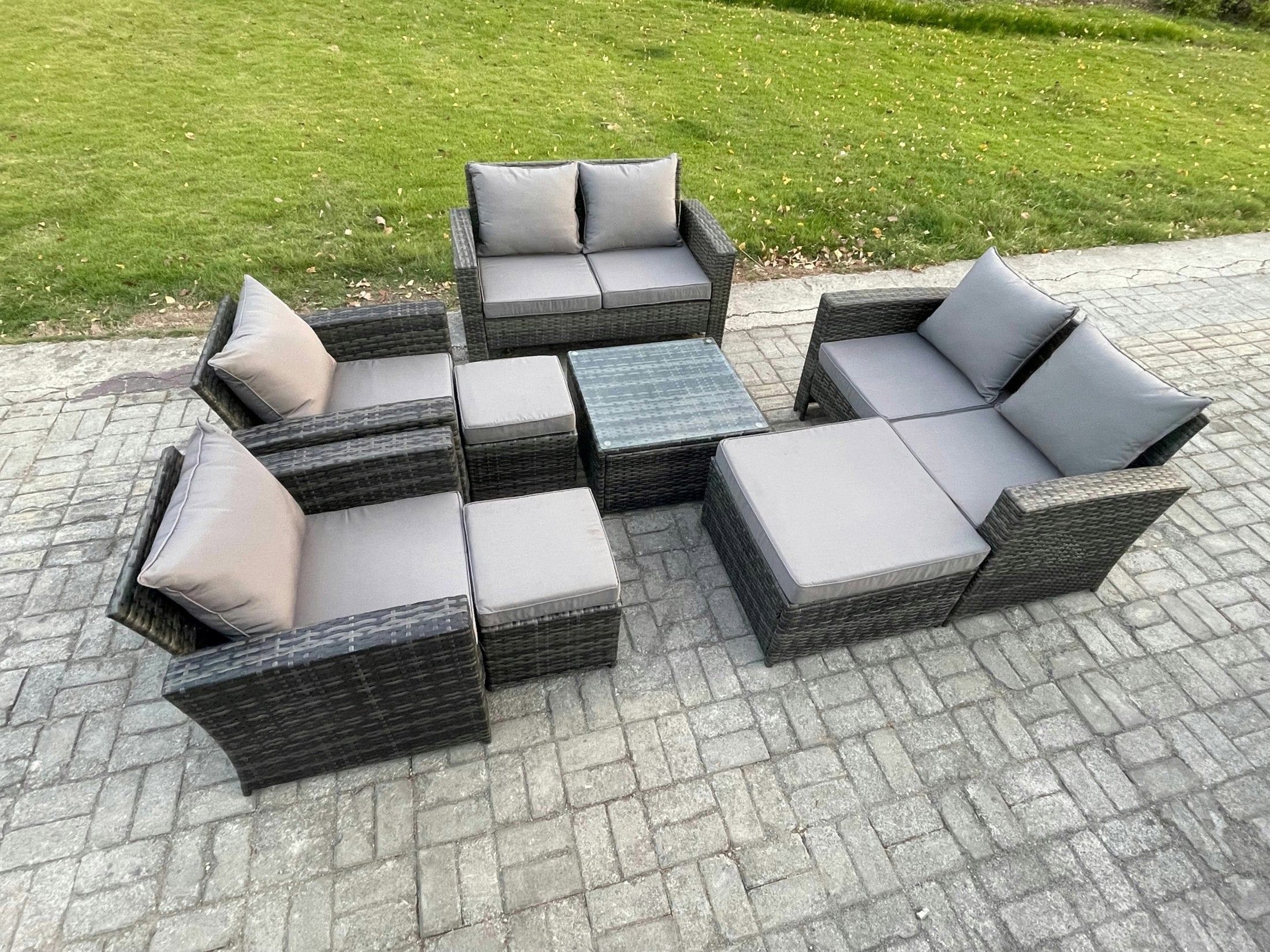 Fimous Dark/Grey 8-Piece Rattan Garden Furniture Set - Mixed Wicker Patio Sofa Conversation Set With 3 Footstools