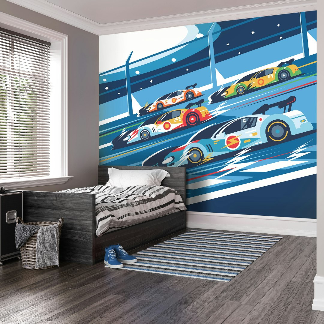 Origin Murals Blue Sports Cars Wall Mural - Medium - W300cm X H240cm