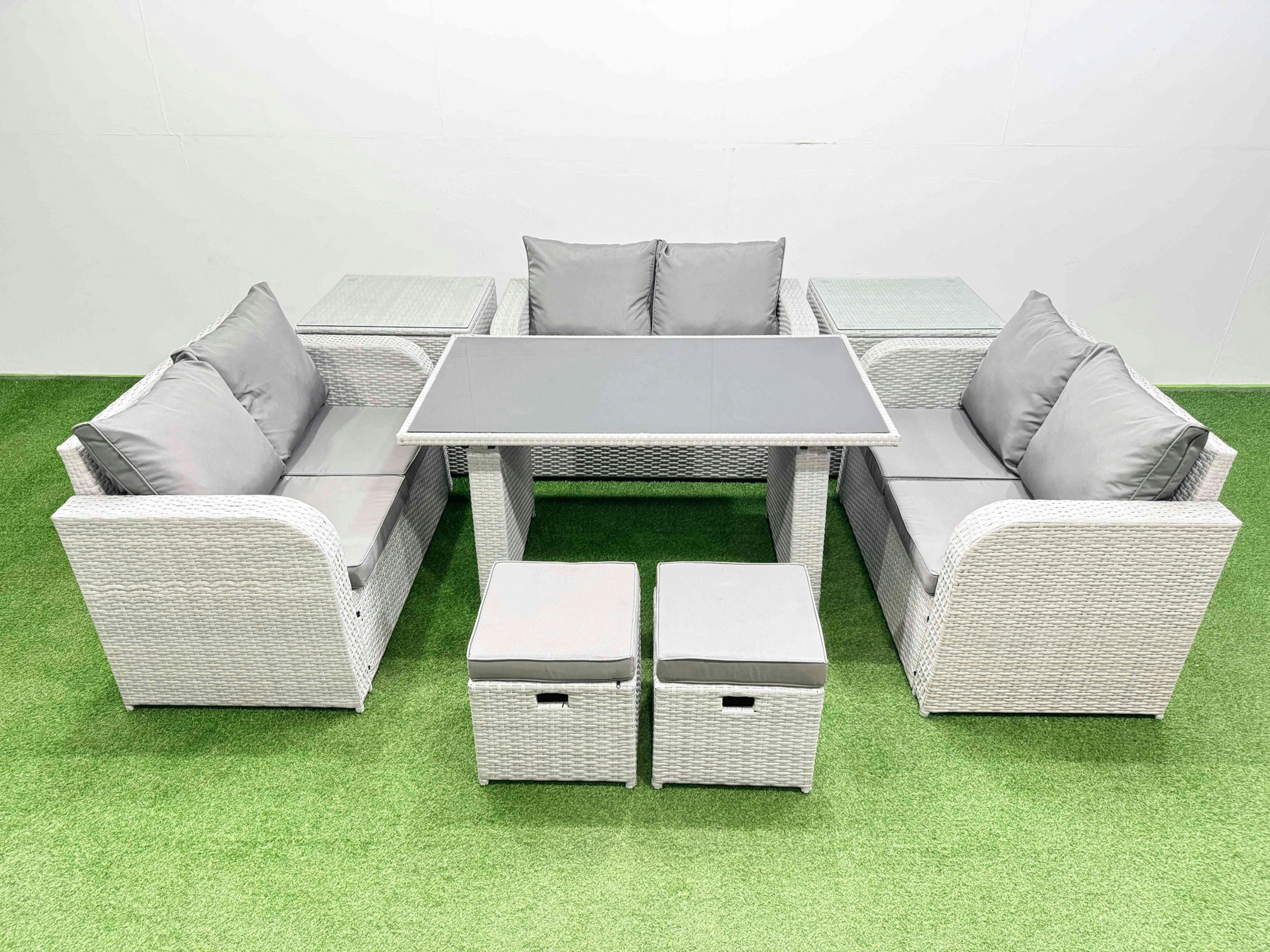 Rackhams Black/Light/Grey 8 Seater Patio Garden Furniture Sets With Glass Top Dining Table Love Sofa 2 Side Tables 2 Small Stool