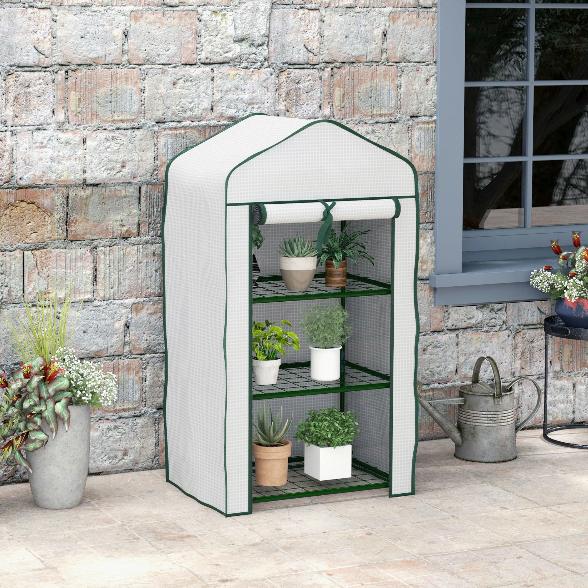 Rackhams White Portable Mini Greenhouse With Roll-Up Door And Wire Shelves,