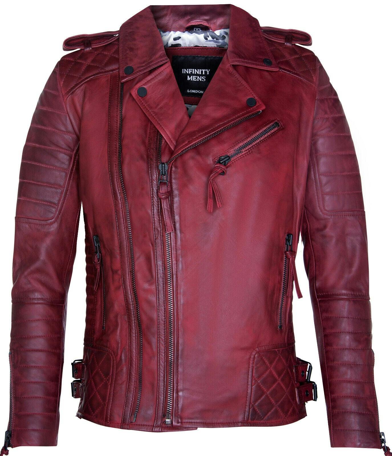 Infinity Leather Men's Burgundy Leather Biker Quilted Brando Motorcycle Jacket - Uk M | Eu 48 | Us 38