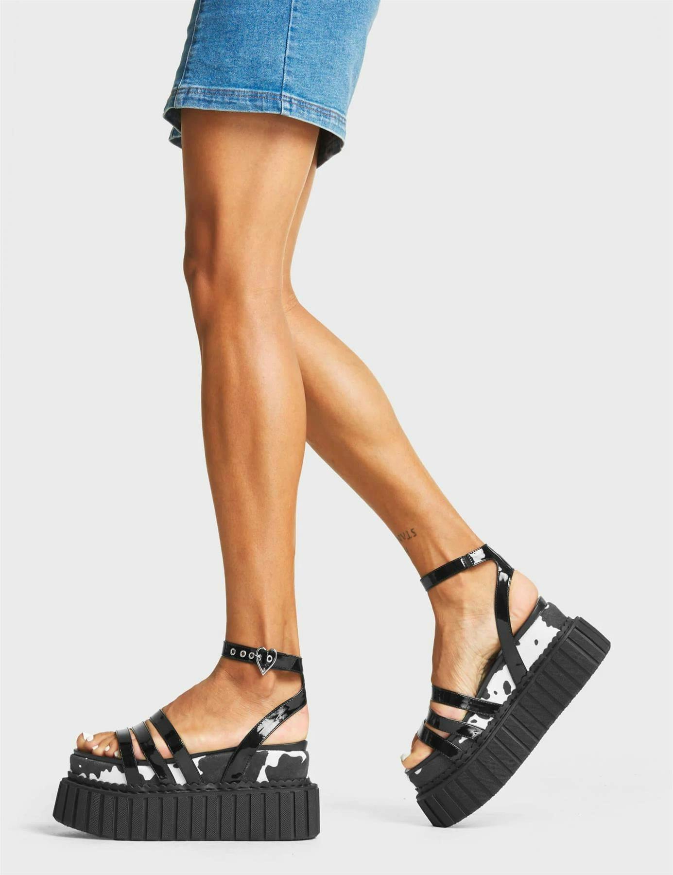 Lamoda Women's Bronco Blackpat Cowprint Chunky Platform Creeper Sandals Bold Trendy - Uk8