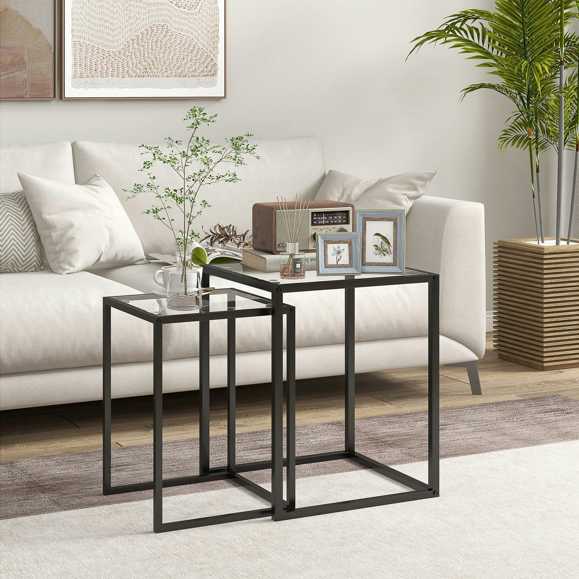 Homcom Black Nesting Tables Set Of 2, End Table With Tempered Glass Top,