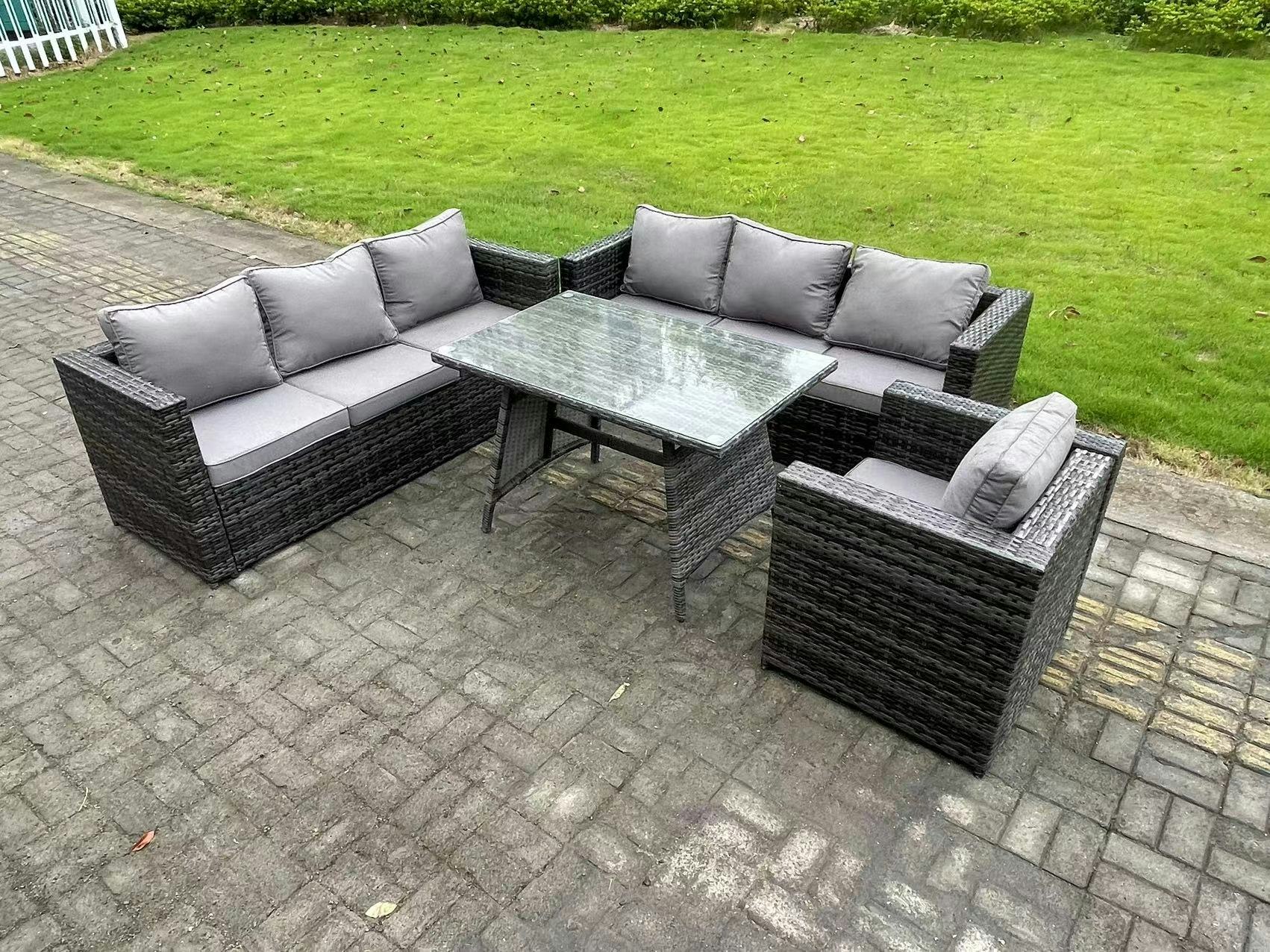 Fimous Dark/Grey Wicker Pe Rattan Garden Dining Set Outdoor Furniture Sofa With Patio Dining Table Armchair 7 Seater Mixed