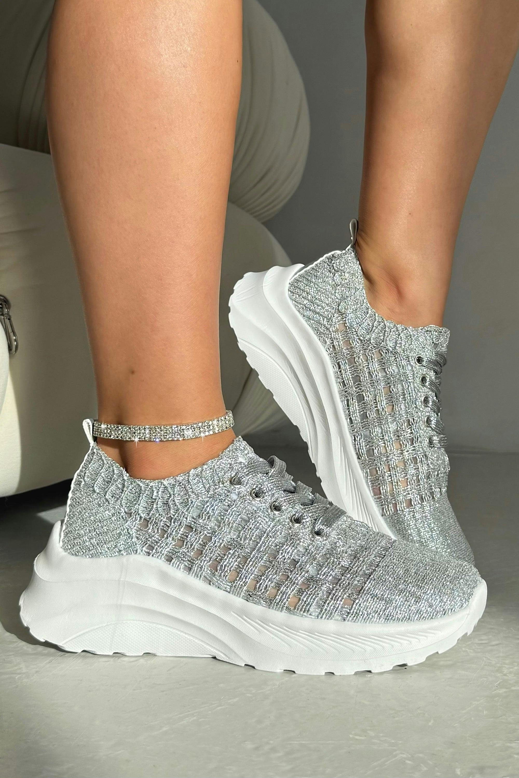 Love Lemonade Women's Silver Flex Cloud Knit Mesh Lace-Up Chunky Trainers - Uk 3