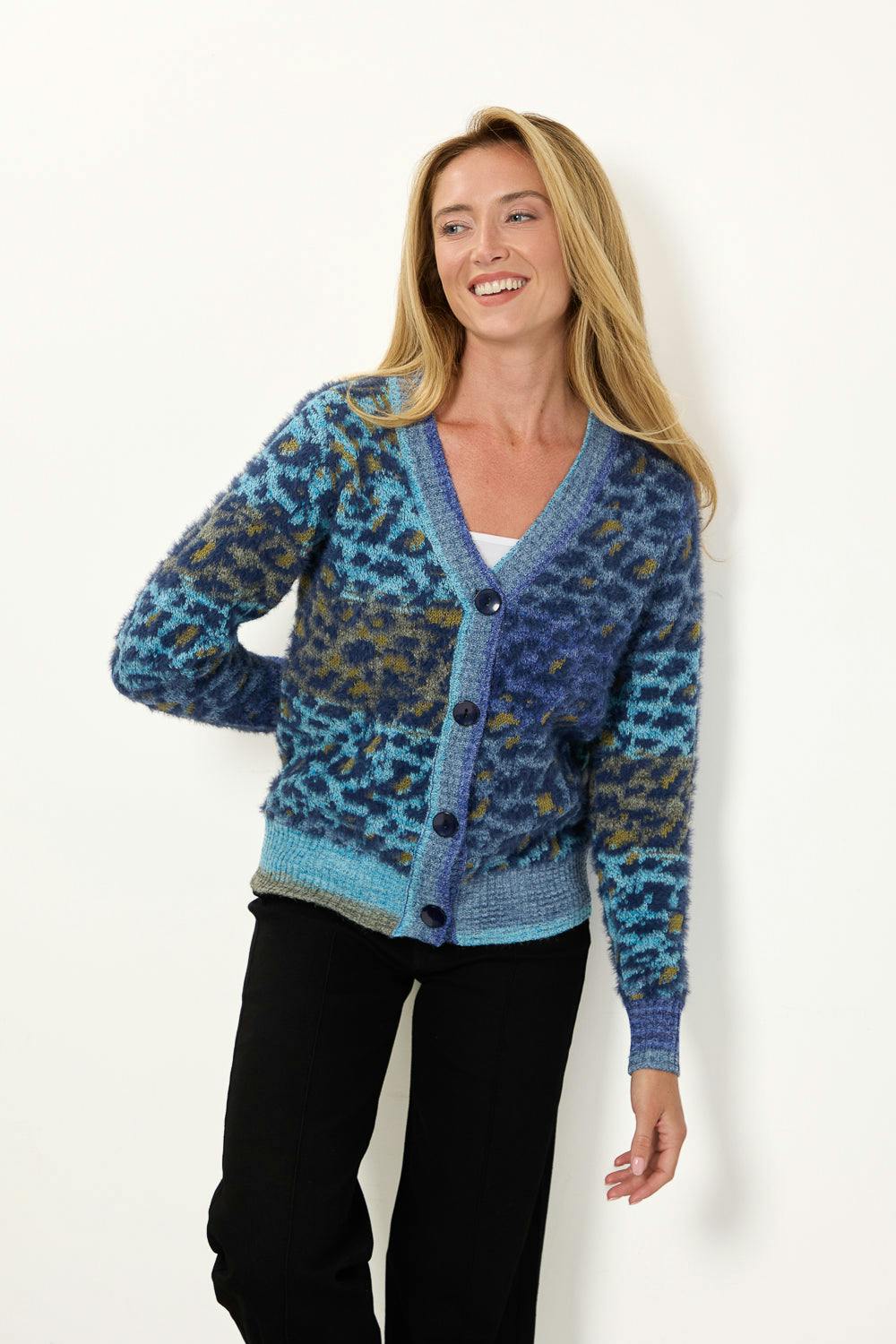 Mudflower Blue Fluffy Leopard Print Knit Cardigan - 14
